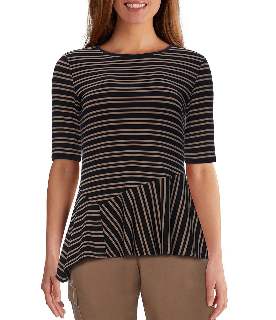 Ruby Rd. Safari Stripe Print Contrast Scoop Neck Elbow Sleeve Asymmetrical Hem Top