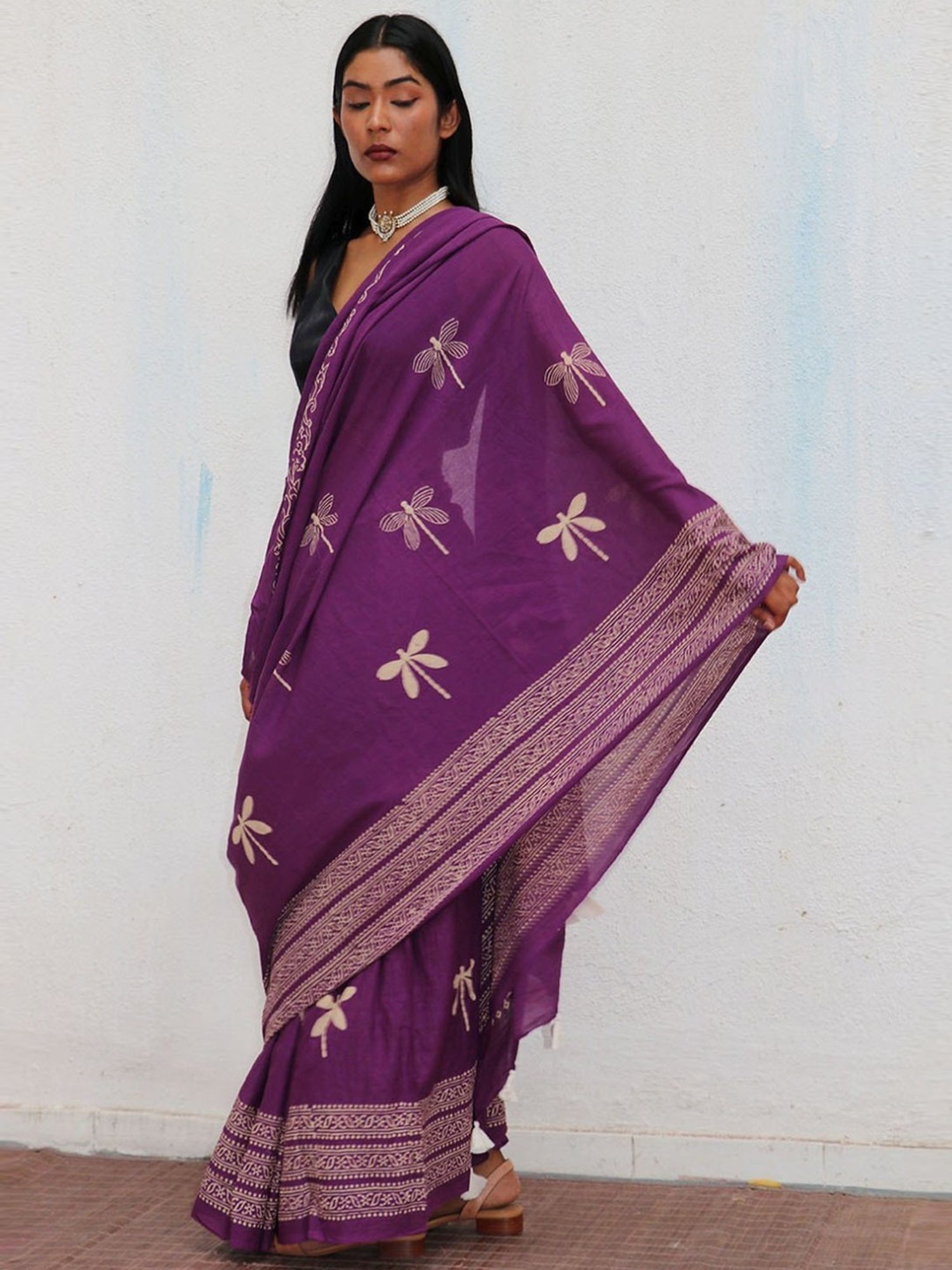 Chidiyaa Purple Fly Me to Moon Renaissance Handblockprinted Cotton Saree