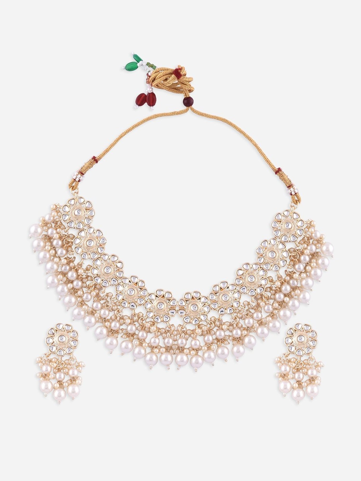 Fida Ethnic South Indian Traditional Antique Gold-Plated Pearl Kundan Choker Necklace Set for Women