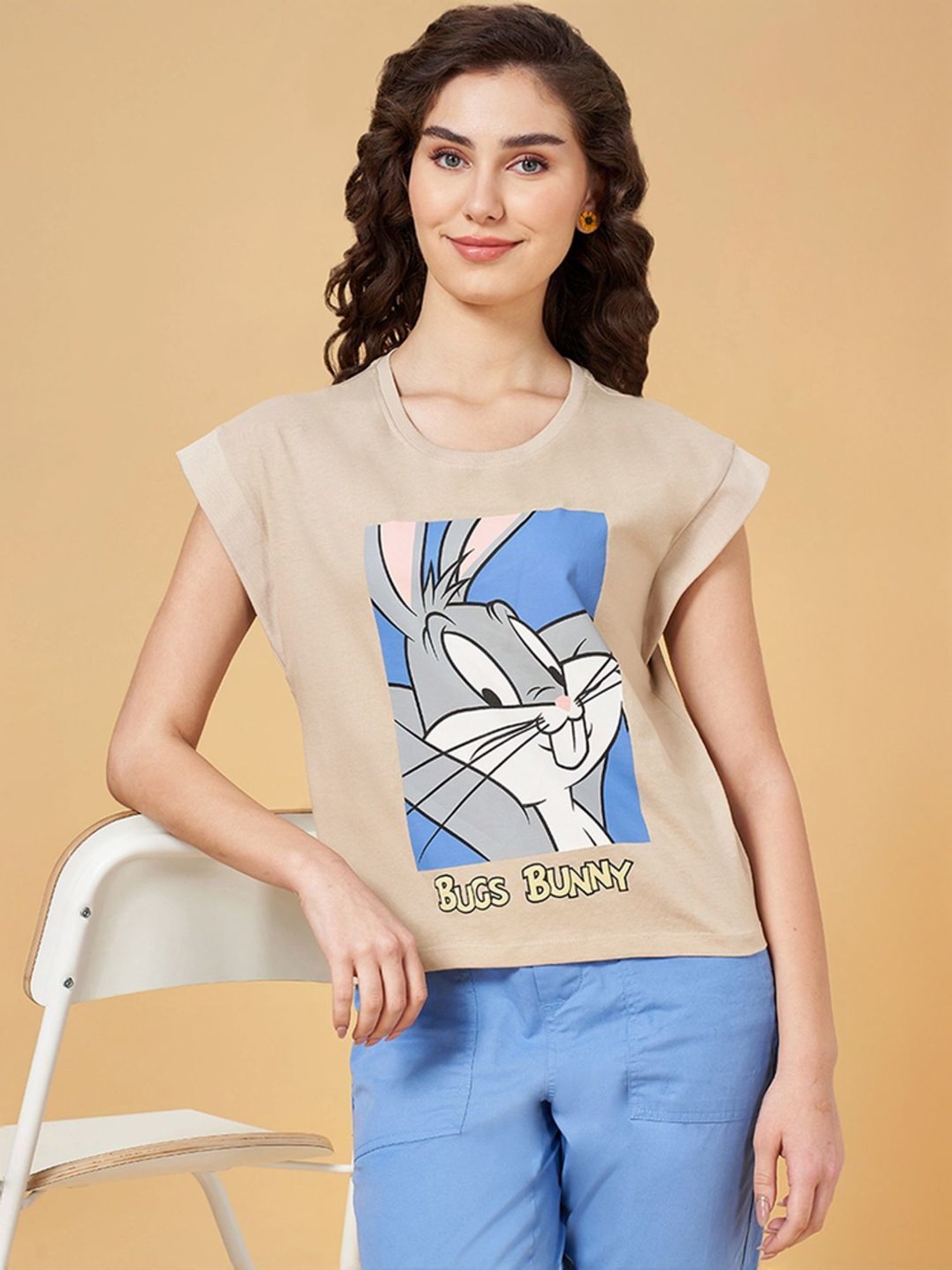 Honey by Pantaloons Khaki Cotton Printed T-Shirt