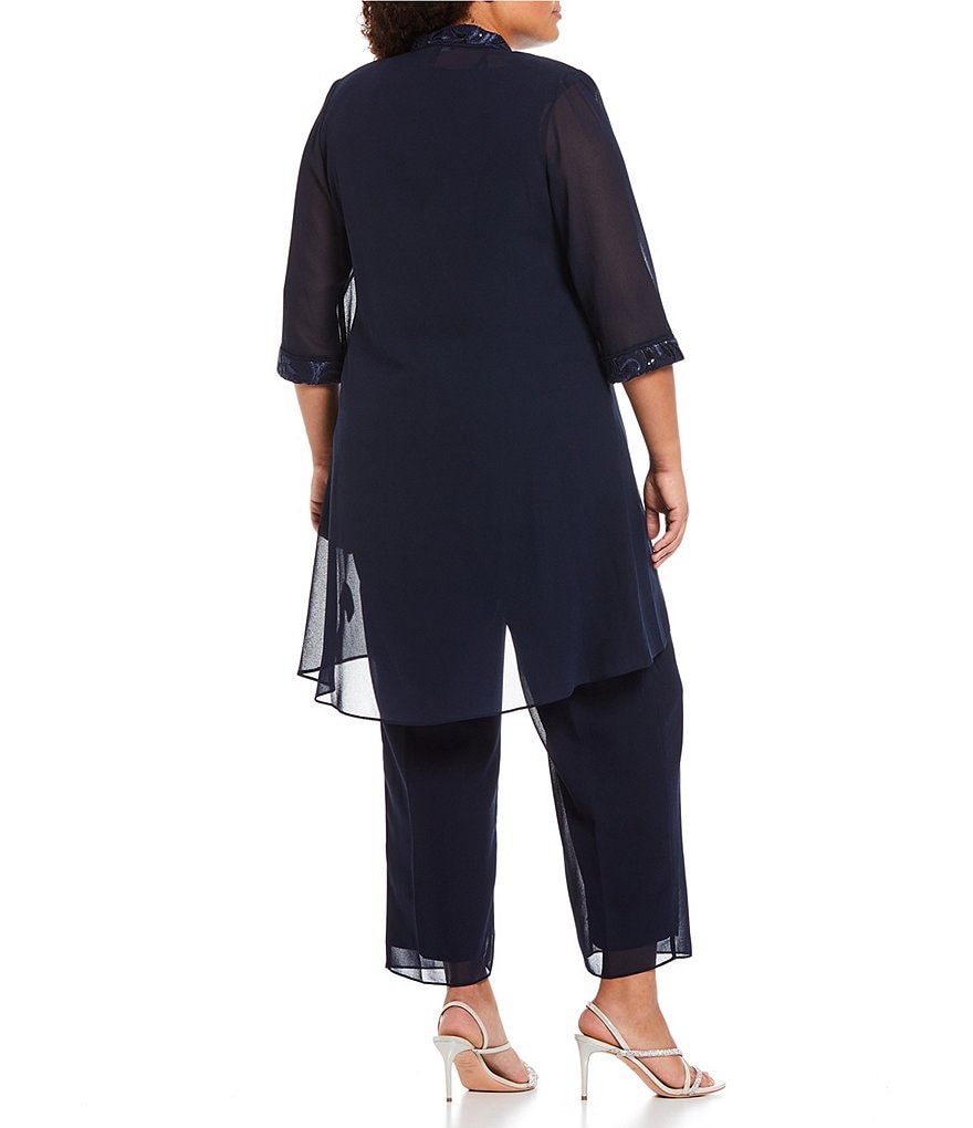 Le Bos Plus Size Scoop Neck 3/4 Sleeve 3-Piece Embroidered Sequin Trim Pant Set