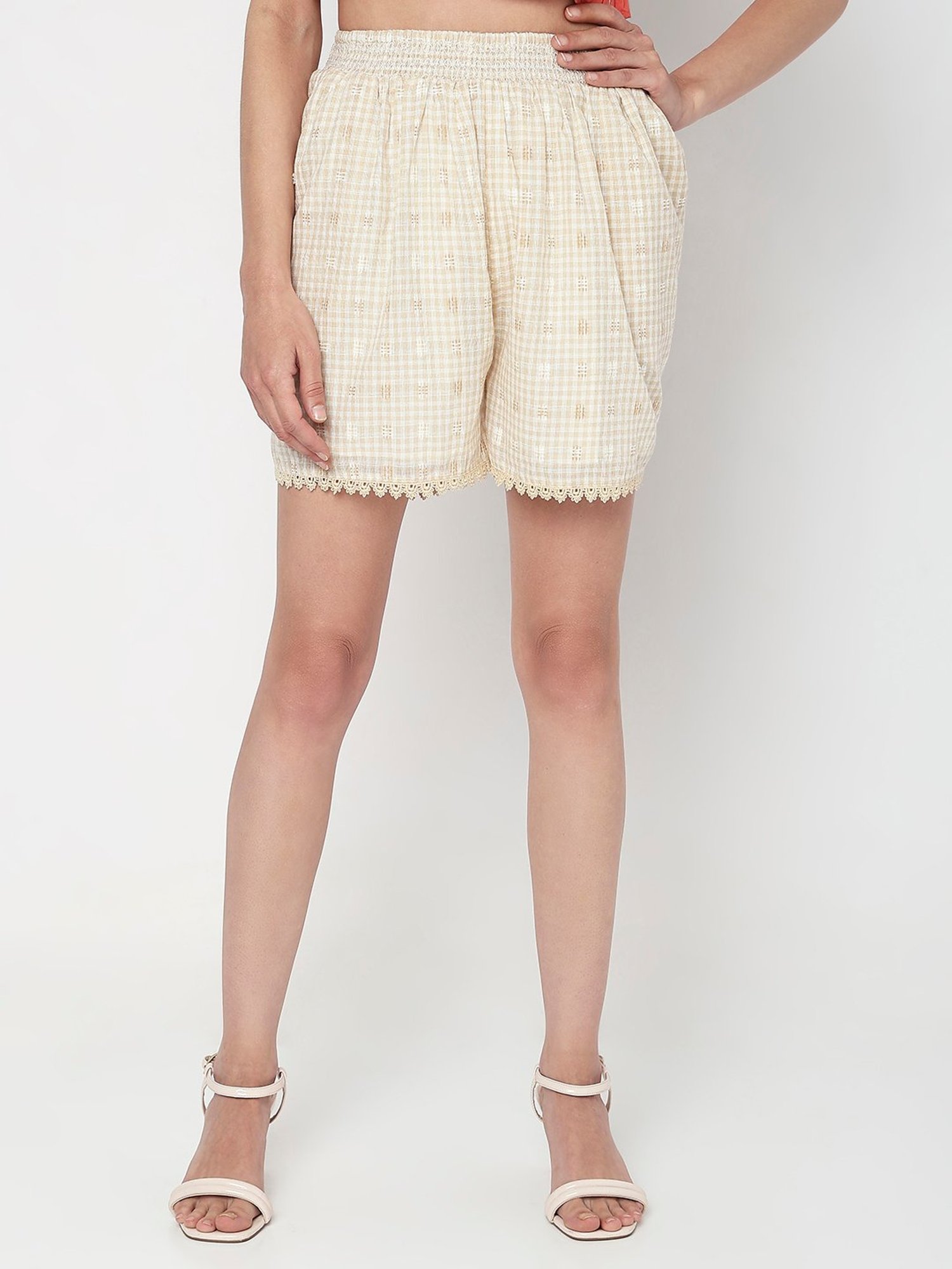 Vero Moda Beige Cotton Checks Shorts