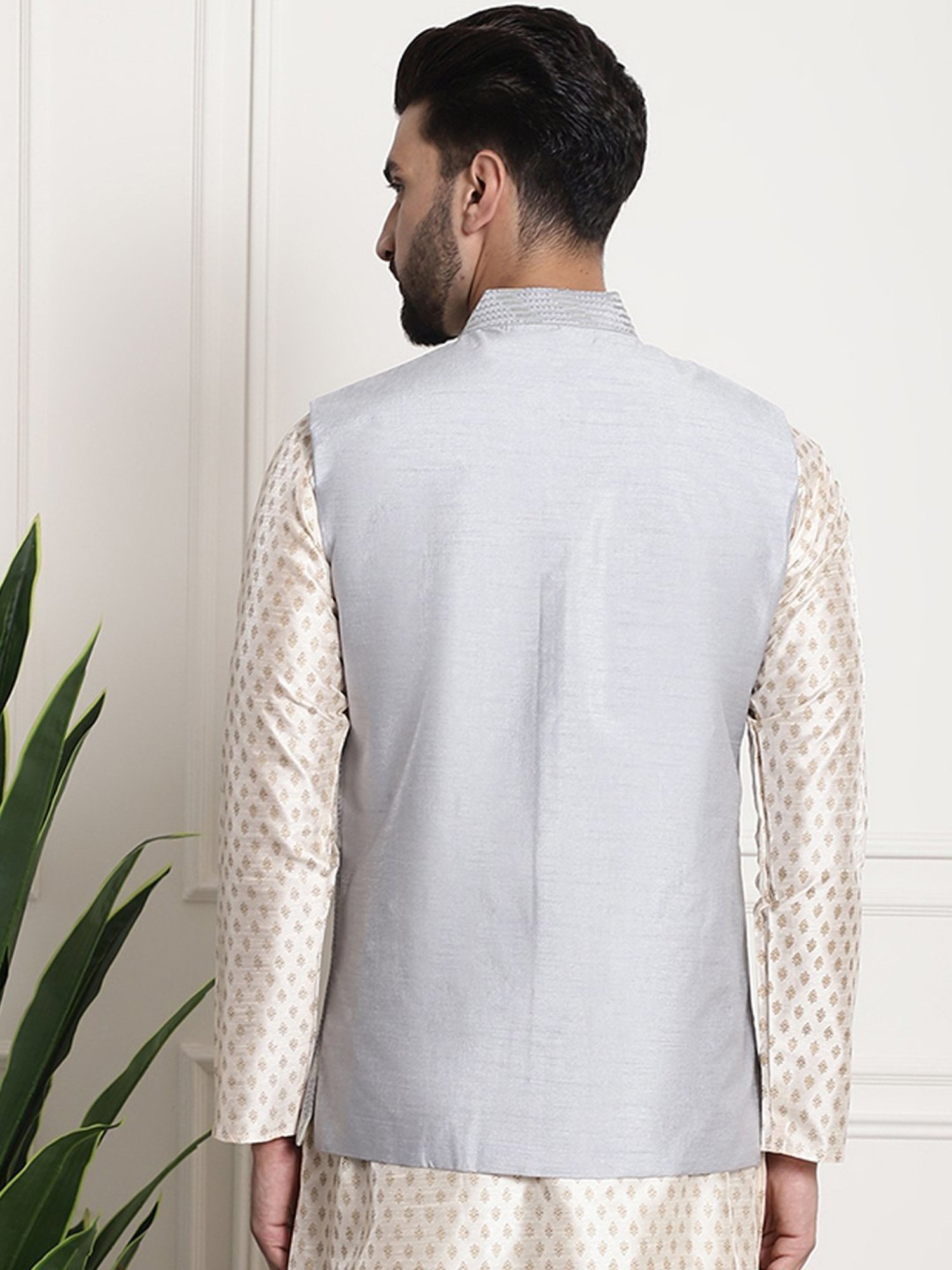 Sojanya Grey Regular Fit Embroidered Nehru Jacket