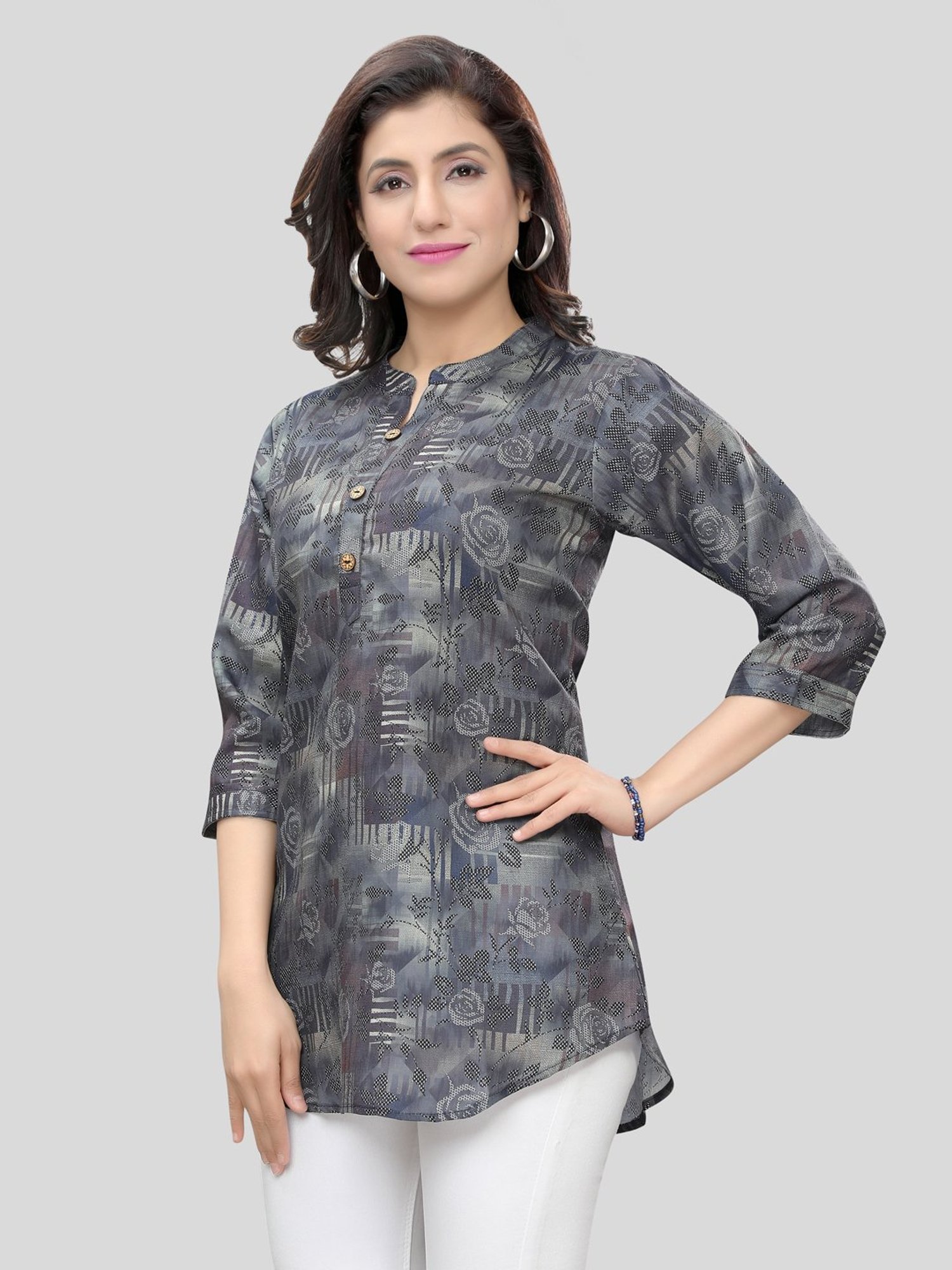 Saree Swarg Grey Printed A Line Short Kurti