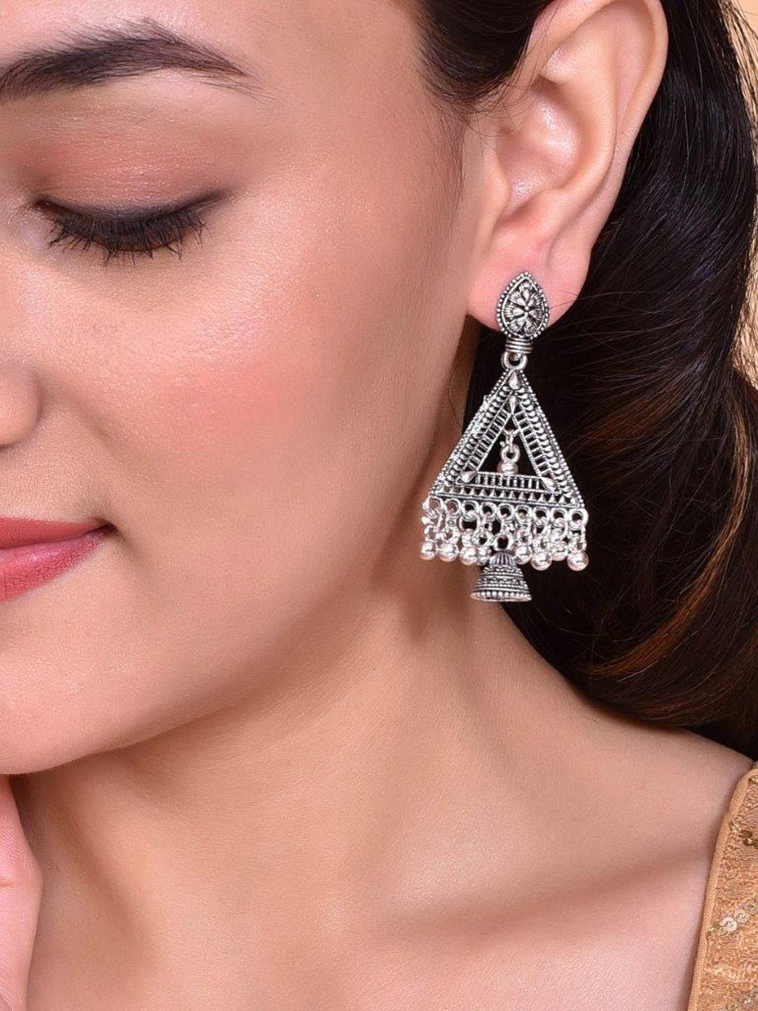 VOJ Studded Triangle Oxidised Silver Plated Contemporary Drop Earrings for Women