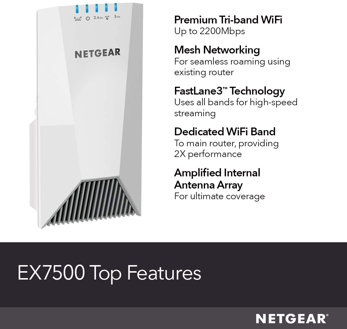 NETGEAR WiFi Mesh Range Extender EX7500 AC2200 Tri-Band Wireless Signal Booster & Repeater (up to 2200Mbps speed) Coverage up to 2300 sq.ft. and 45 devices with , plus Mesh Smart Roaming