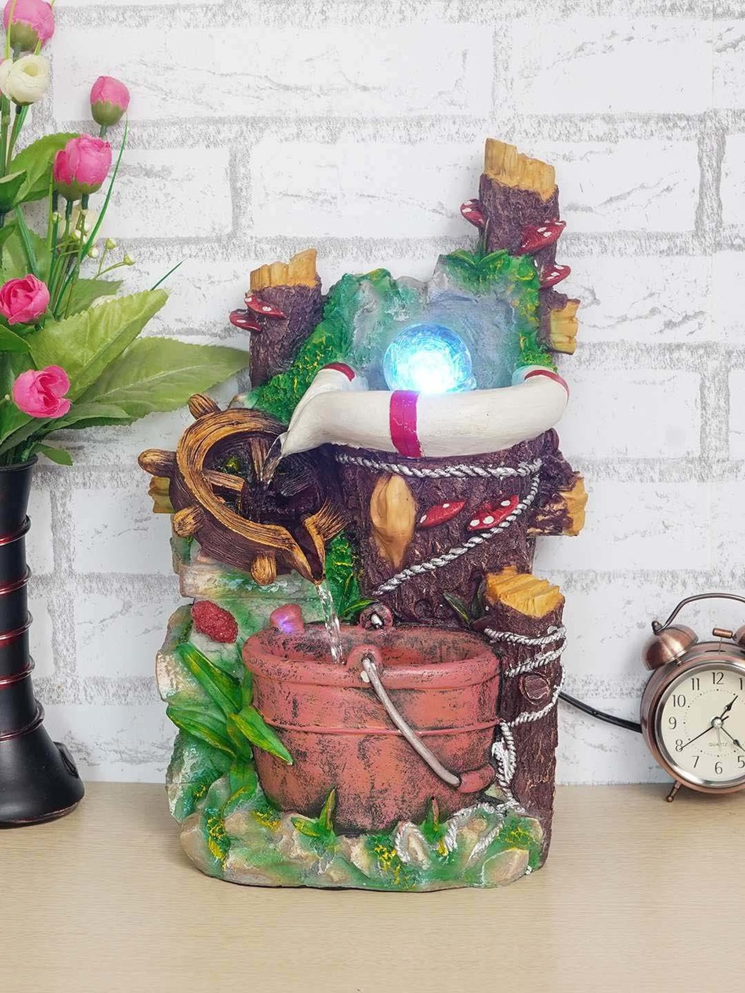 CHRONIKLE Multicolor Polyresin Well Bucket Design 2 Steps Waterfall Fountain