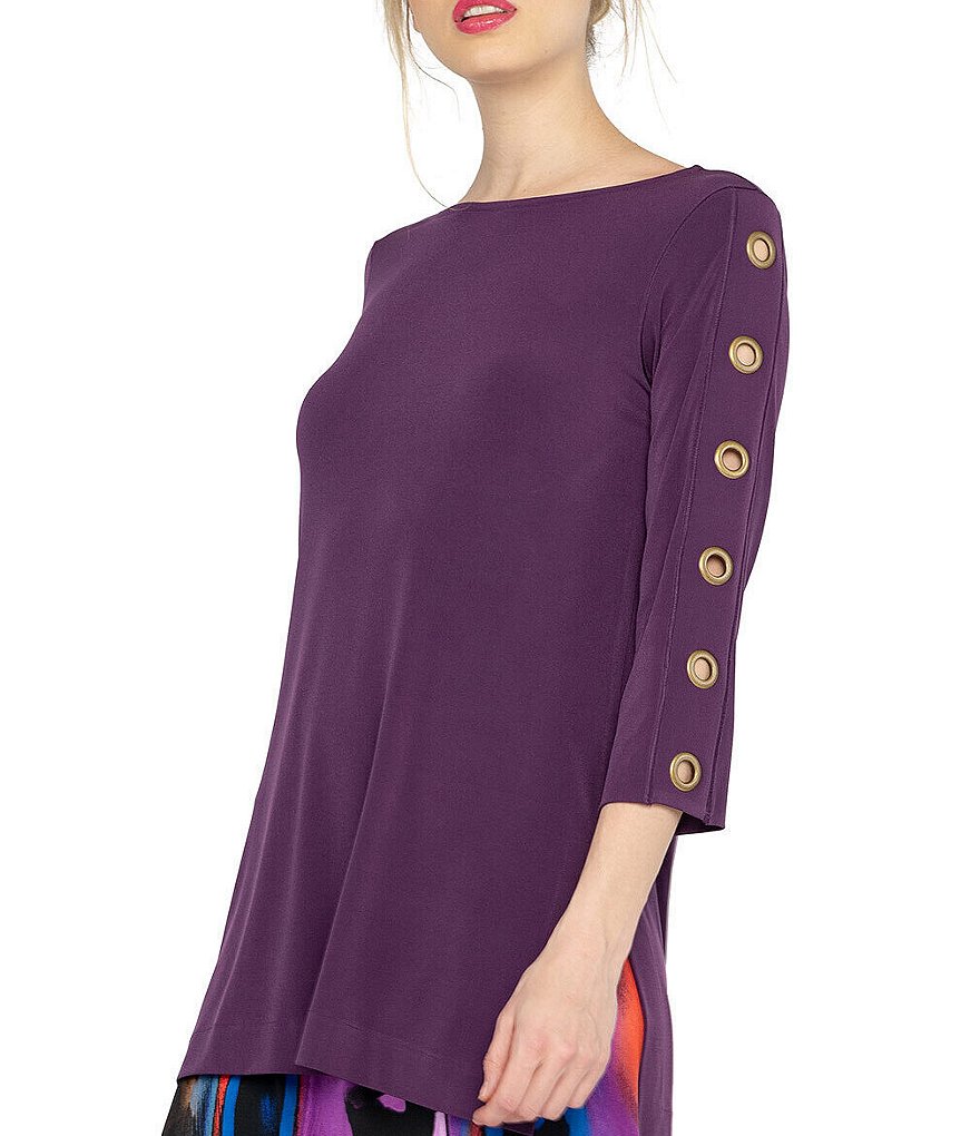 Eva Varro Knit Jersey Grommet Trim 3/4 Sleeve Boat Neck Tunic