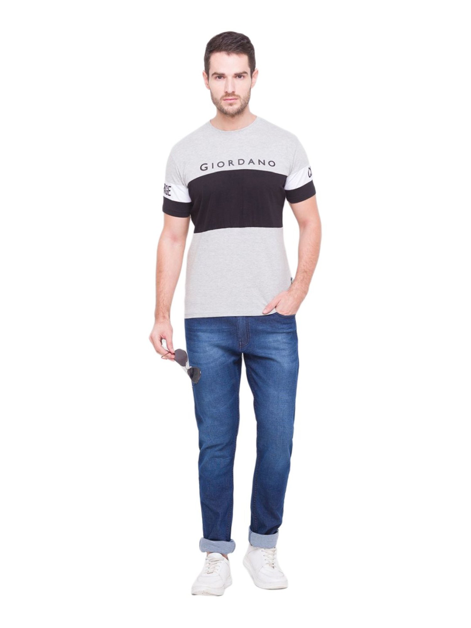 Giordano Grey & Black Cotton Slim Fit Colour Block T-Shirt