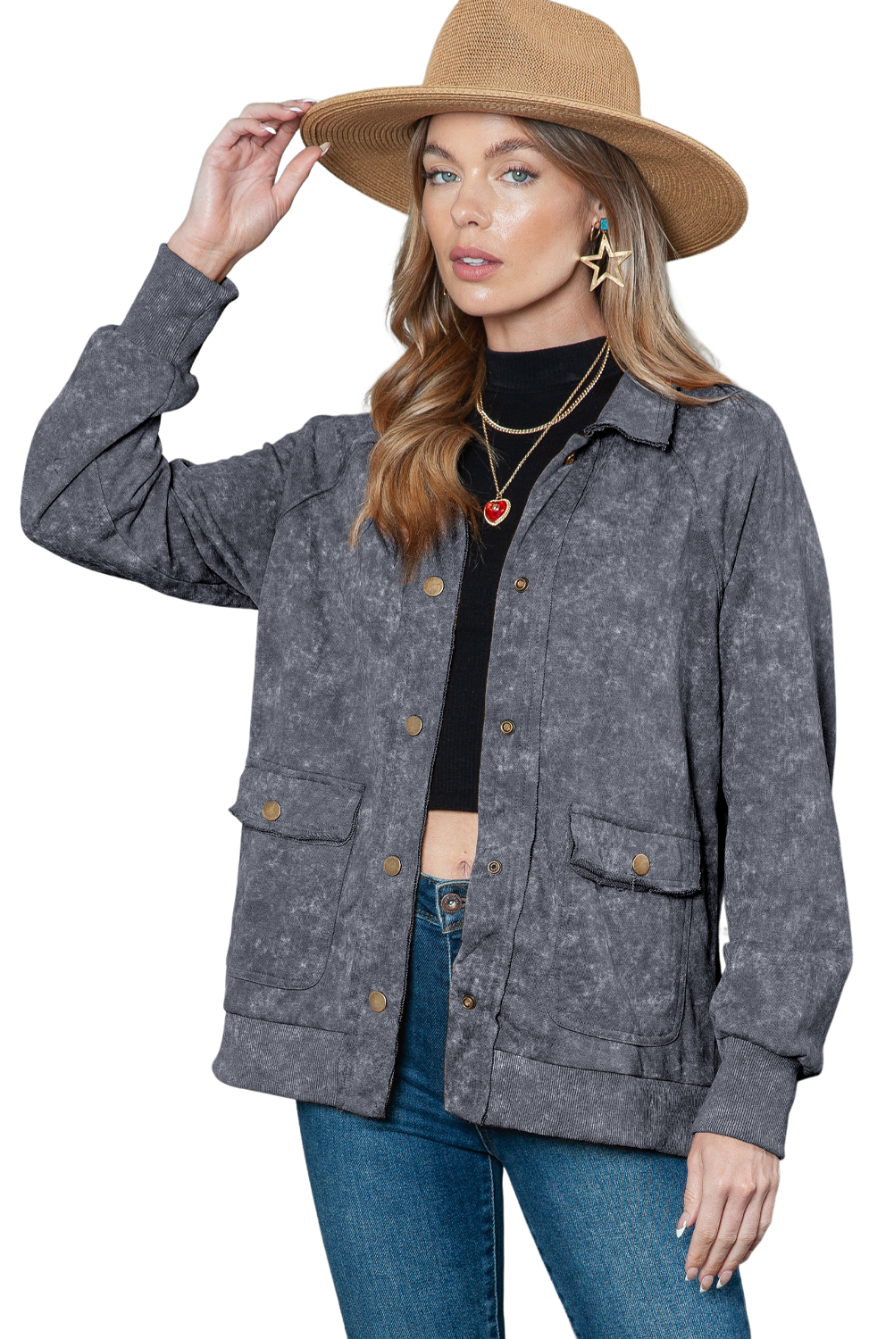Gray Snap Button Casual Flap Pockets Washed Jacket