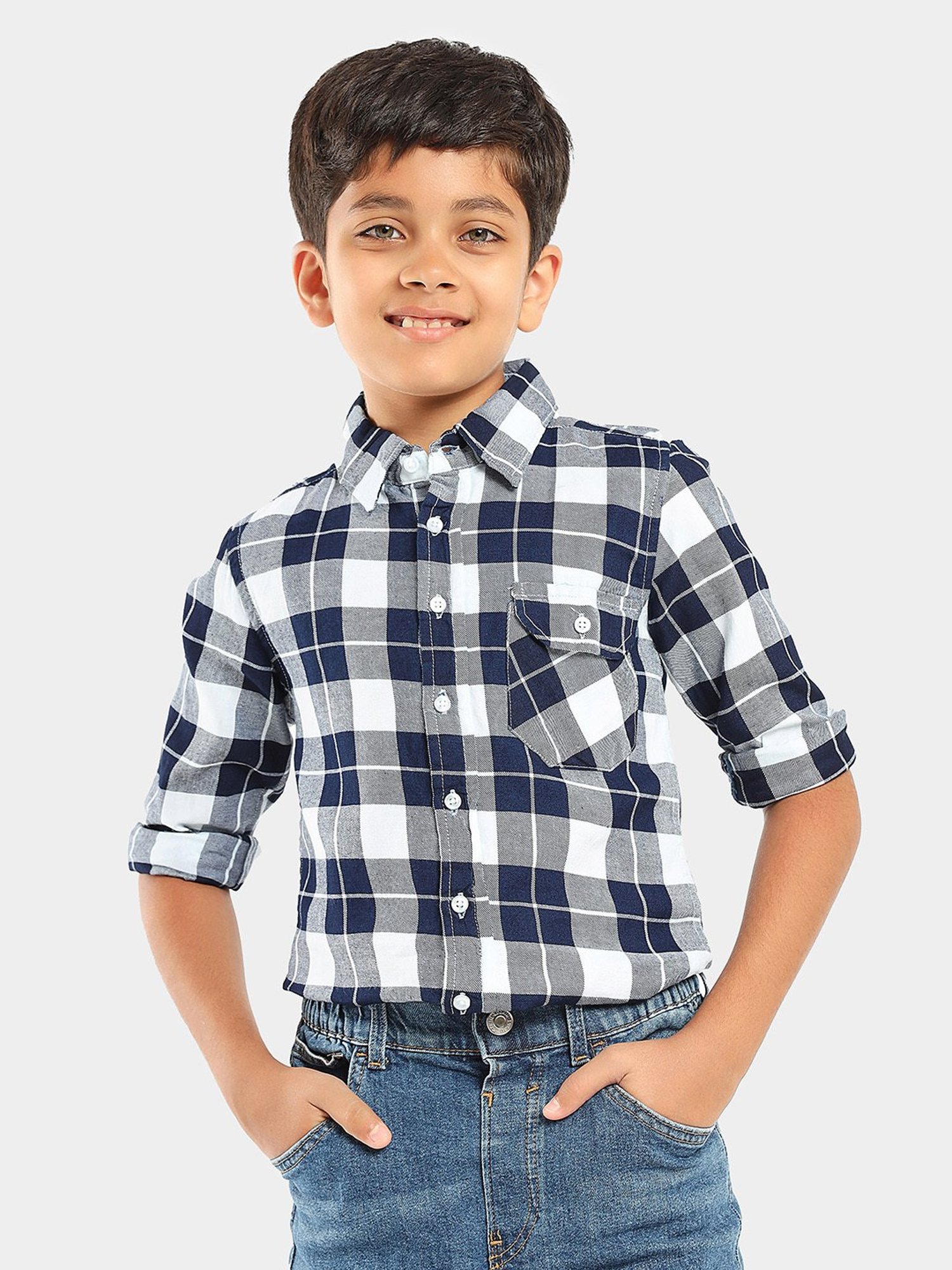LilPicks Kids White & Navy Checks Shirt