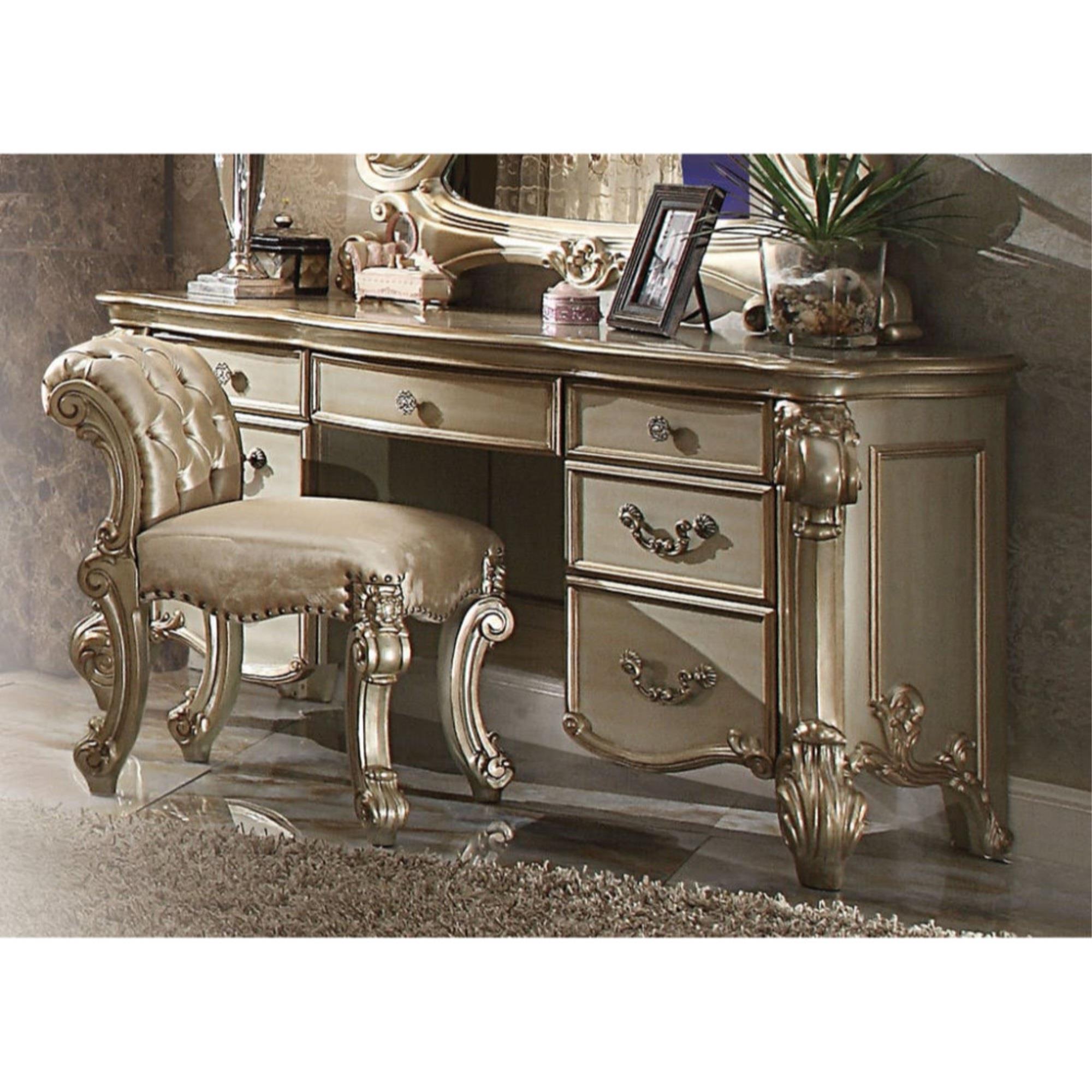 Benzara BM185904 30.71 x 22.05 x 62.99 in. Wooden Vanity Desk with Scrolled Poster Legs, Patina Gold & Bone White