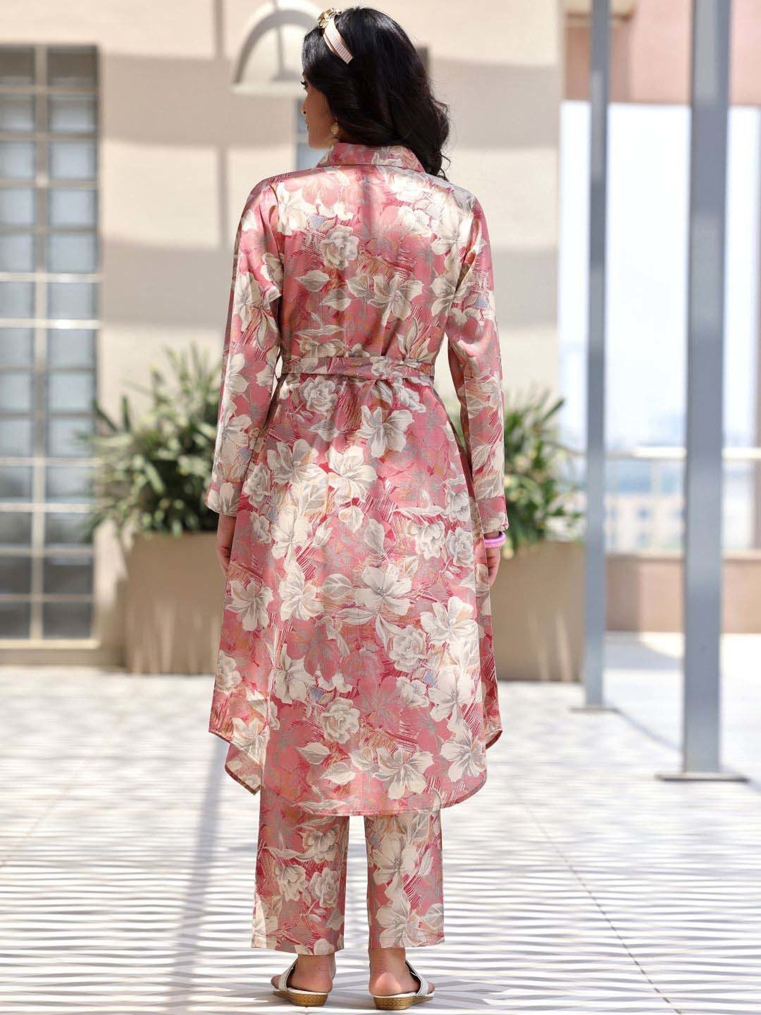 Libas Pink Printed Silk Blend Co-Ords