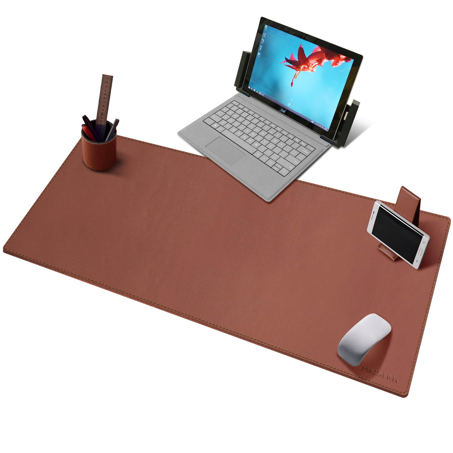 Multifunctional Office Desk Pad, 39.3" x 15.7" Large Extended Waterproof PU Leather Mouse Pad with Penholder and Phone Stands, Dual Use Desk Writing Mat for Office/Home (Brown)
