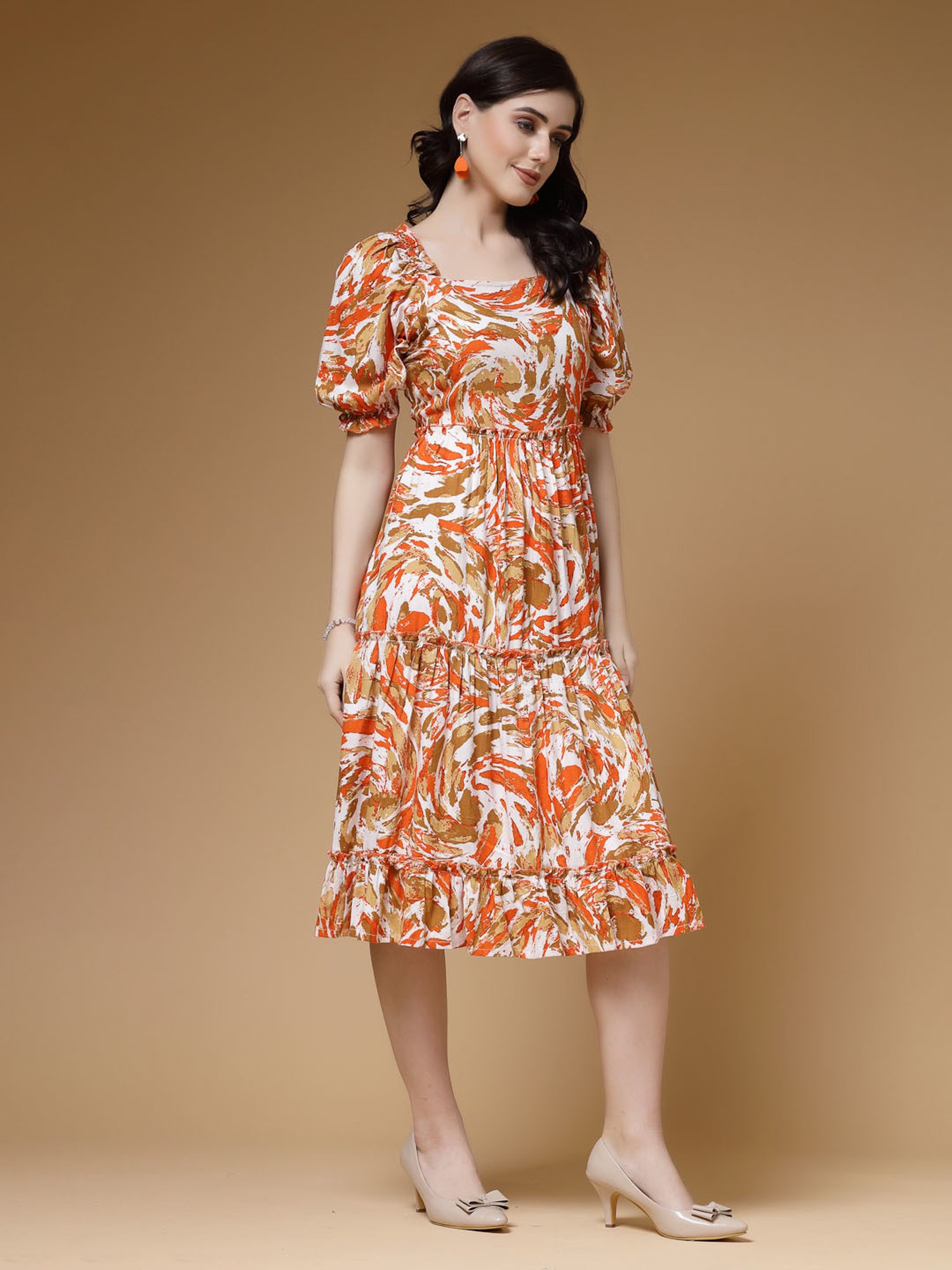Indibelle Orange Printed Ethnic Dress