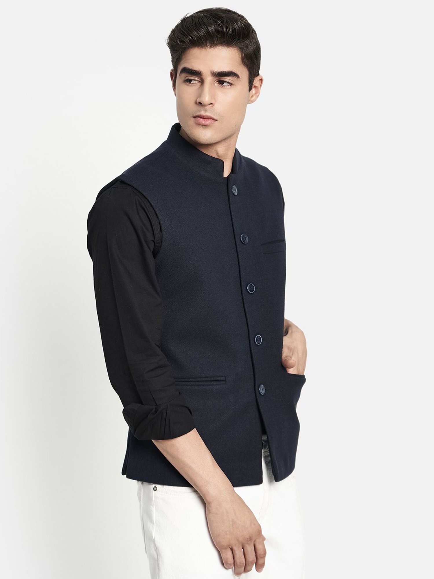 METTLE Navy Mandarin Collar Nehru Jacket