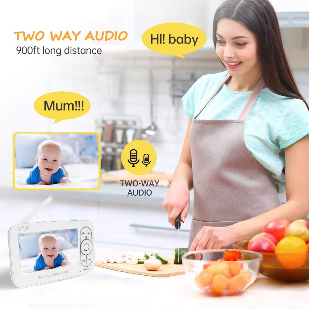 Baby Monitor, AUTENS 720P 5 Inch HD Display Video Baby Monitor with Camera and Two Way Audio, Auto Night Vision, Remote Pan/Tilt/Zoom, 5 Lullaby Music,Temperature & Sound Alarm, For Baby/Elder/Pet