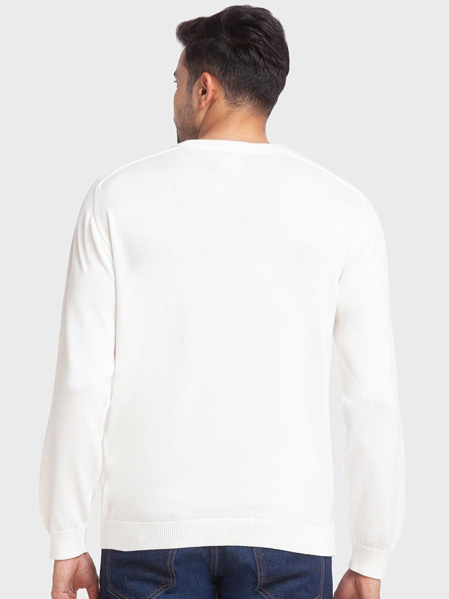 ColorPlus White Cotton Tailored Fit Striped Sweaters