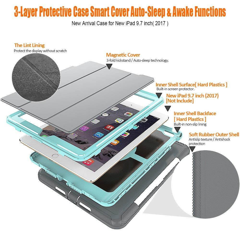 New iPad 9.7 2017/2018 case - DUNNO Heavy Duty Full Body Rugged Protective Case with Auto Sleep/Wake Up Stand Folio & Three Layer Design for Apple iPad 9.7 inch 2017/2018 (Grey/Light Blue)