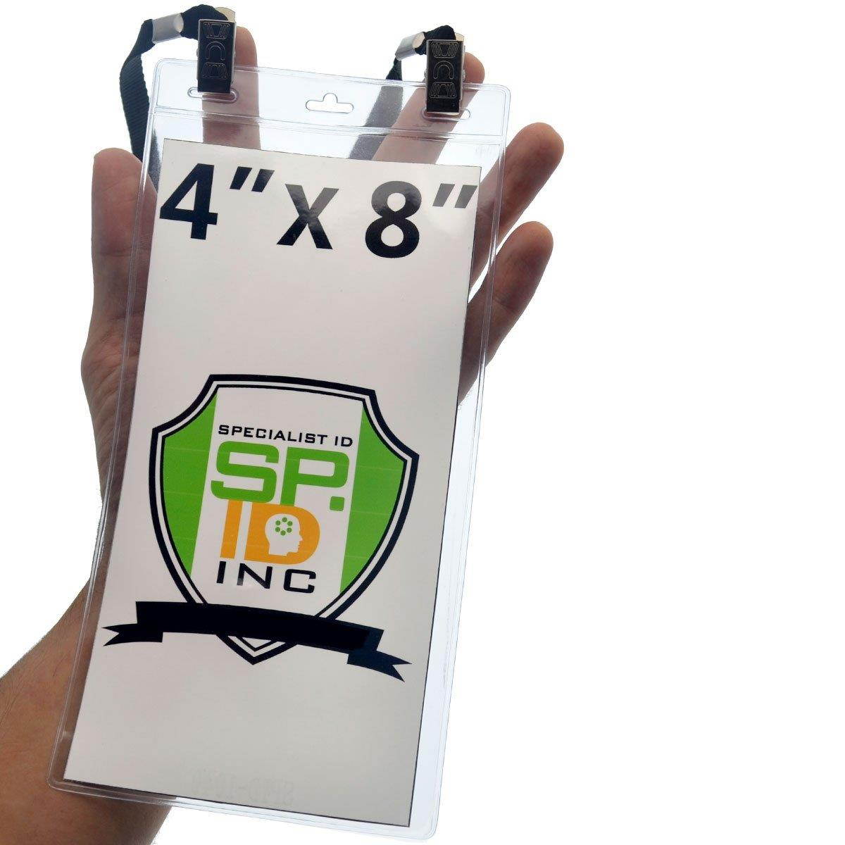 5 Pack - Extra Large 4 x 8 Inch Ticket & Event Credential Badge Holders with Double Sided Lanyards with Two Bulldog Clips, by Specialist ID (Black)