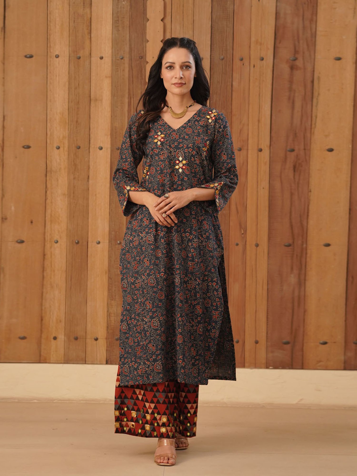 Love Chic Ajrakh Flare Kurta with side slits and 3/4th sleeves