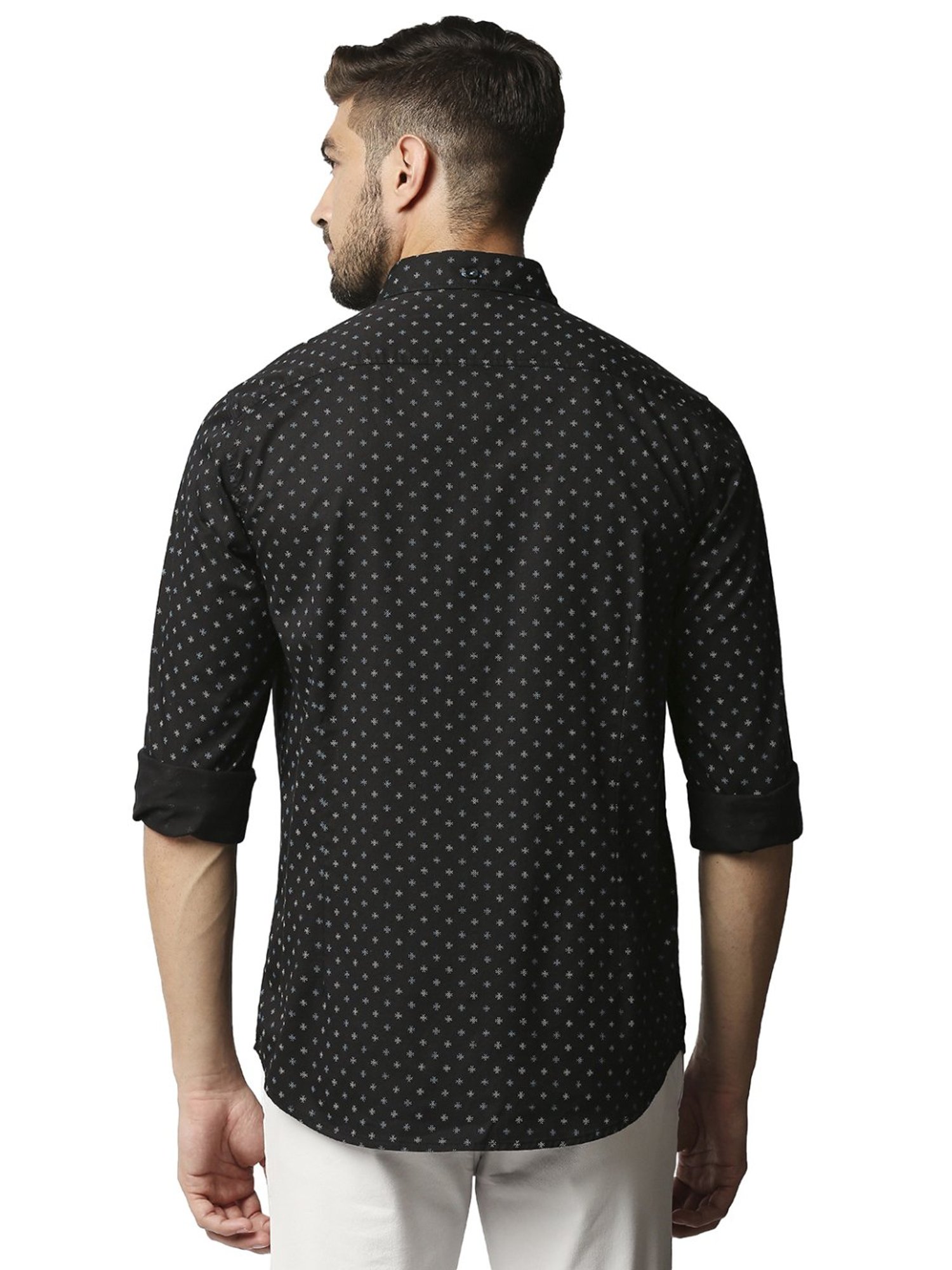 Basics Black Cotton Slim Fit Printed Shirt