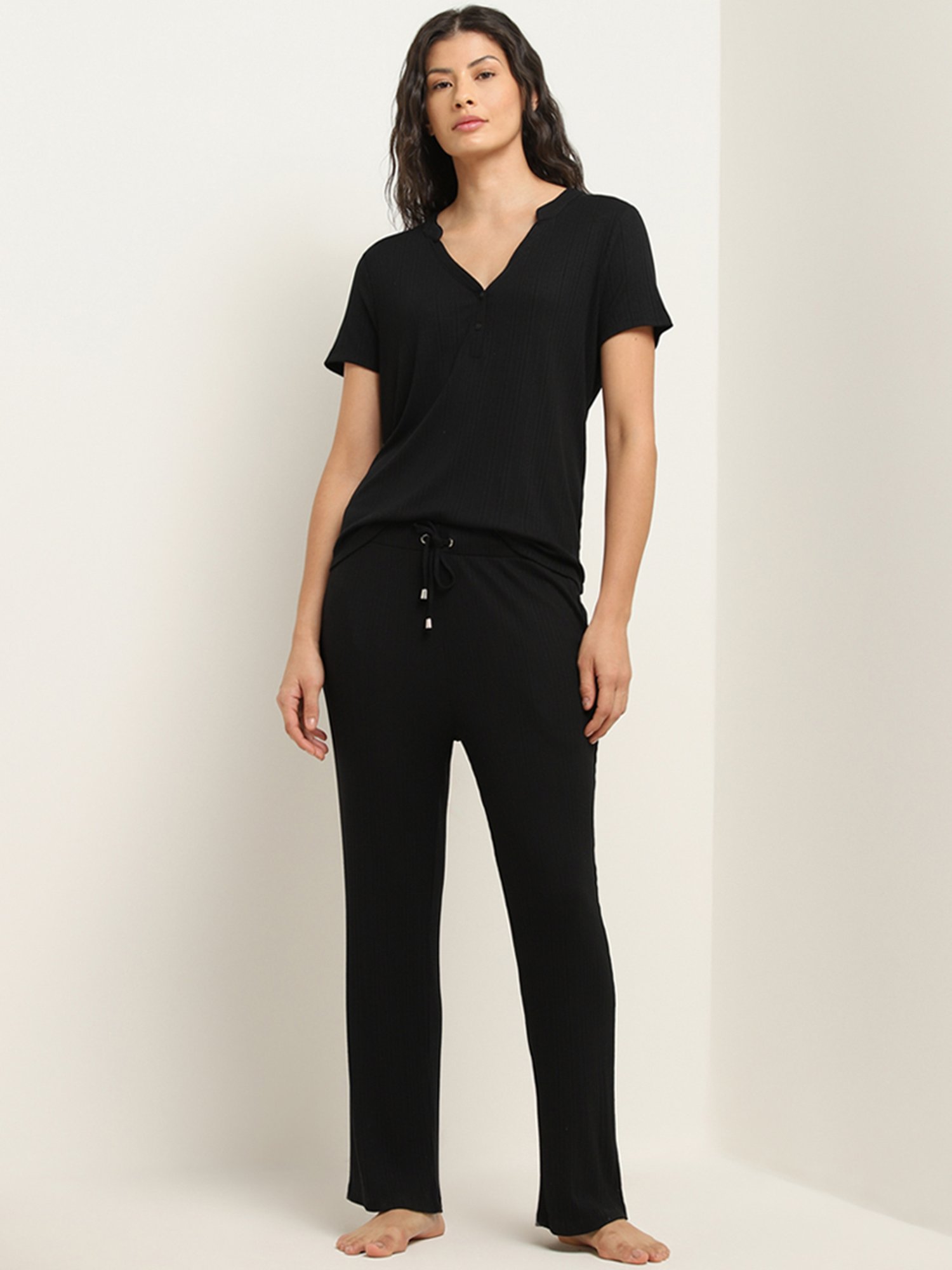 Wunderlove by Westside Black Ribbed High-Rise Pants