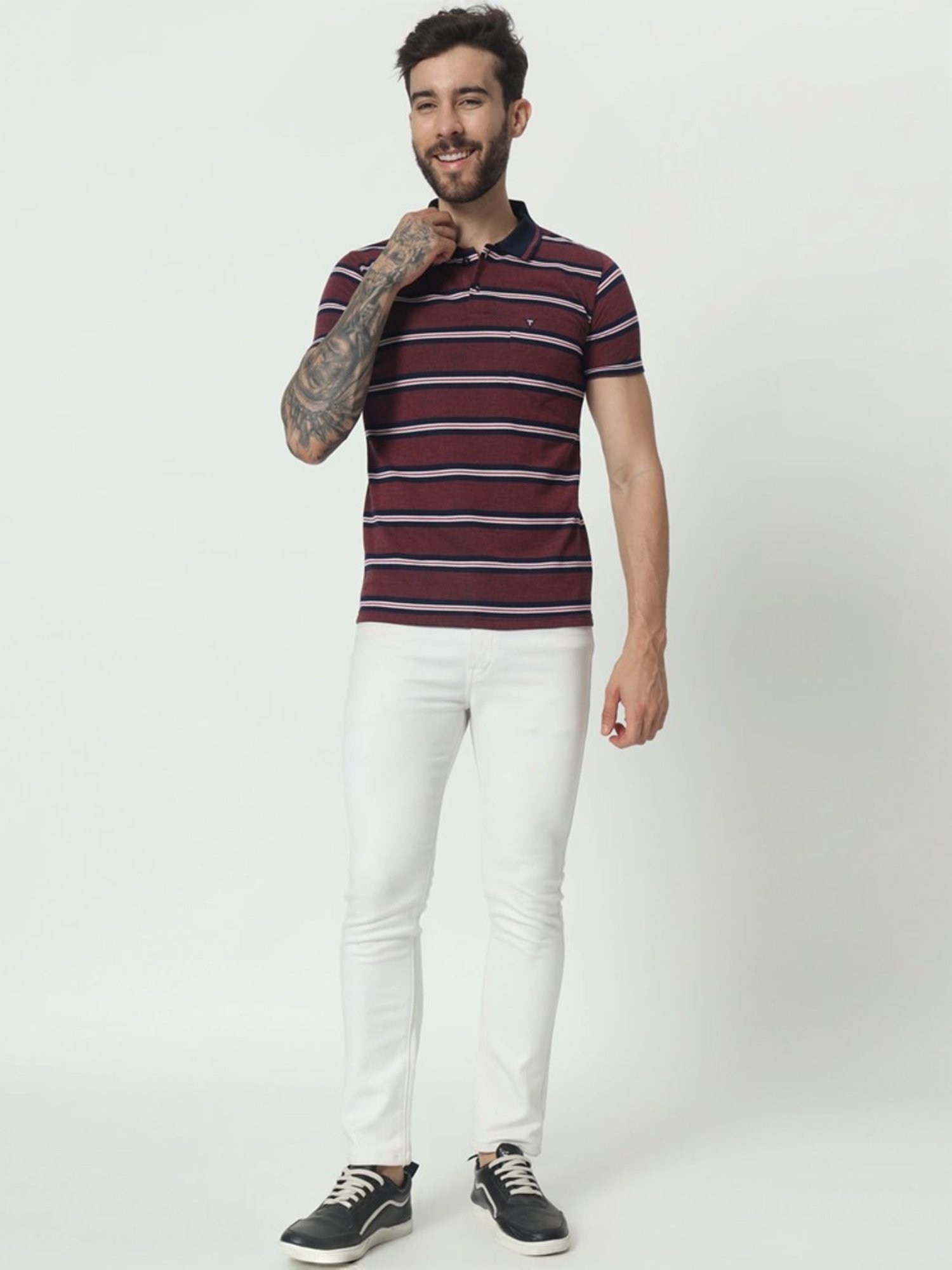 Tab91 Red Regular Fit Striped Polo T-Shirts