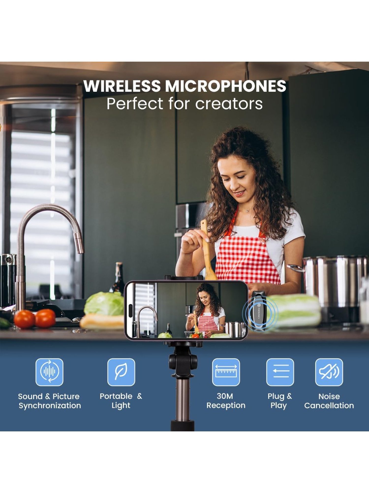 Portronics Dash 7 Omnidirectional 8 Pin Wireless Microphone with Noise Cancellation (Black)