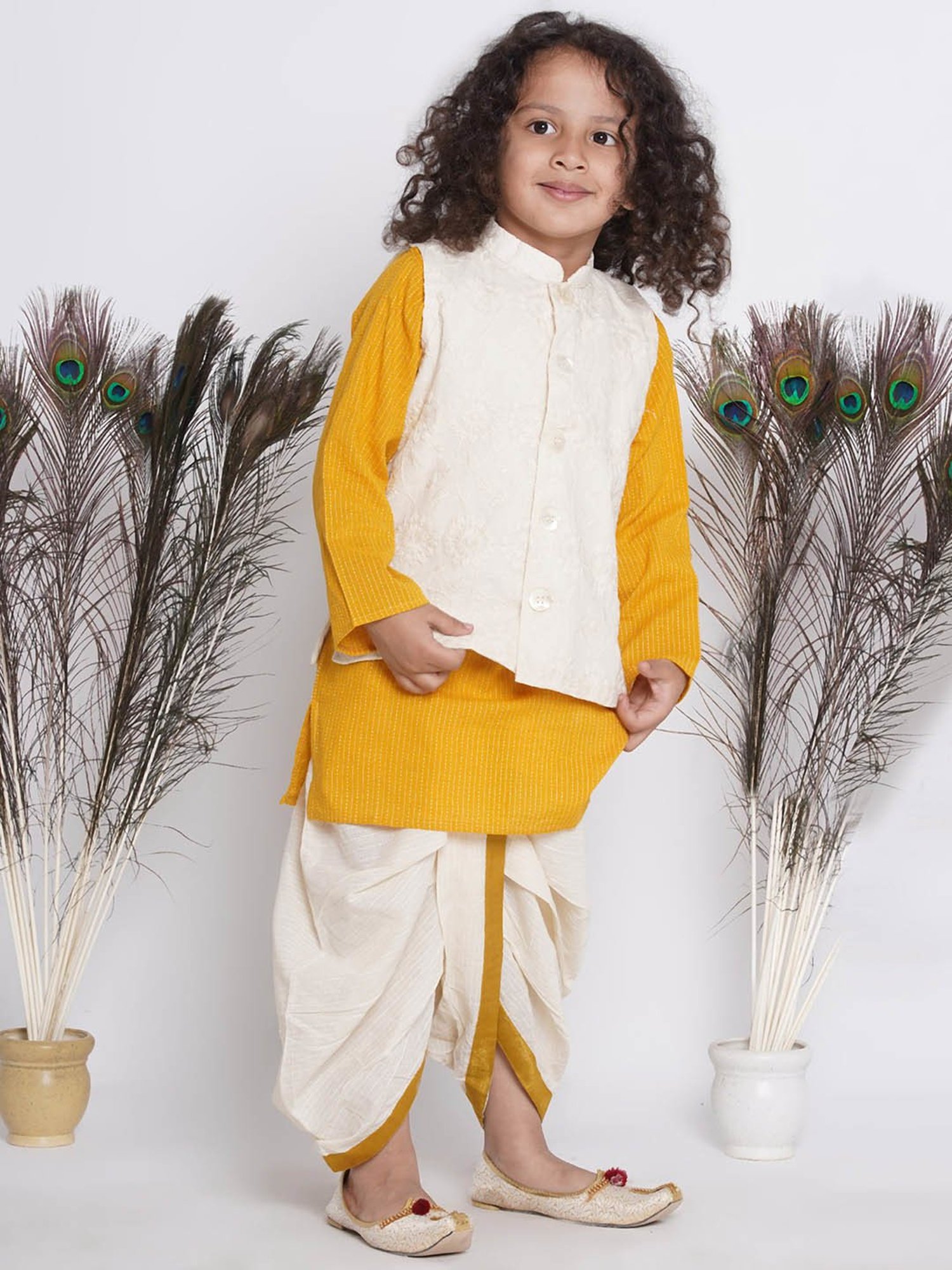 Little Bansi Kids Yellow & Cream Embroidered Full Sleeves Kurta, Jacket with Dhoti