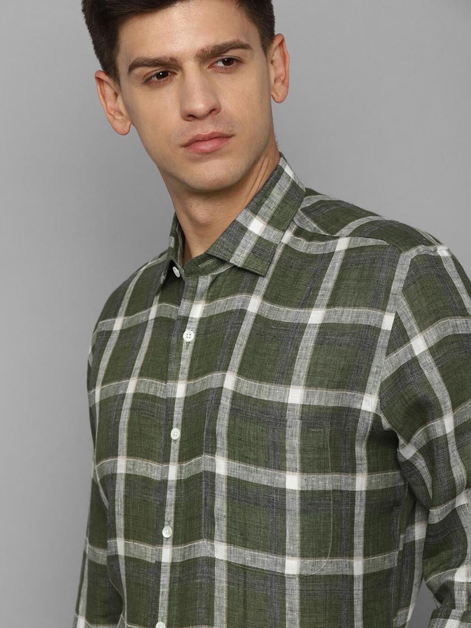 Luxure By Louis Philippe Olive Linen Regular Fit Checks Shirt