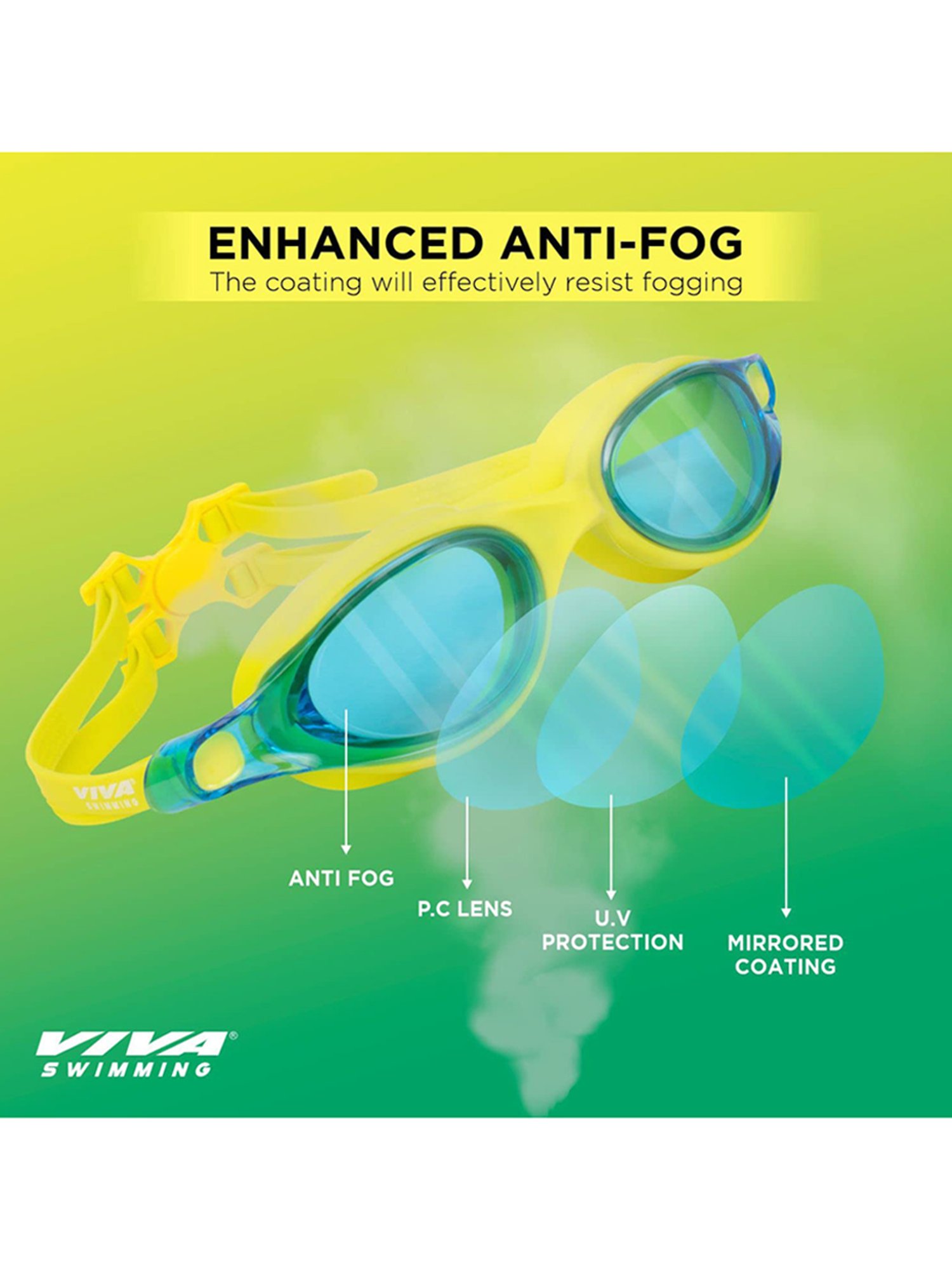 Viva Swimming Anti-Fog UV Protection Vision Swimming Goggles with Mirrored Nose Bridge (Multicolor)