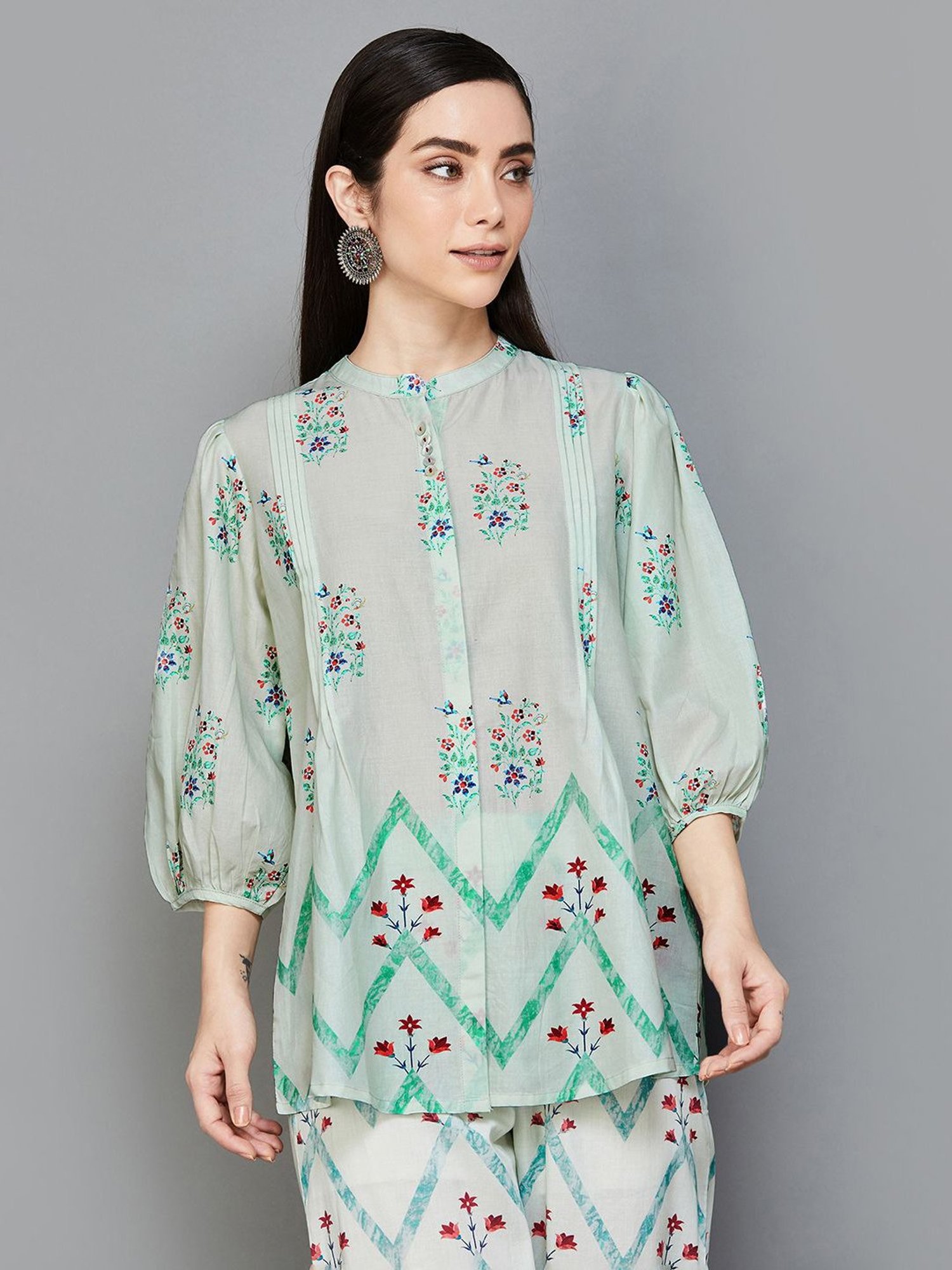 Melange by Lifestyle Sage Green Cotton Floral Print Tunic