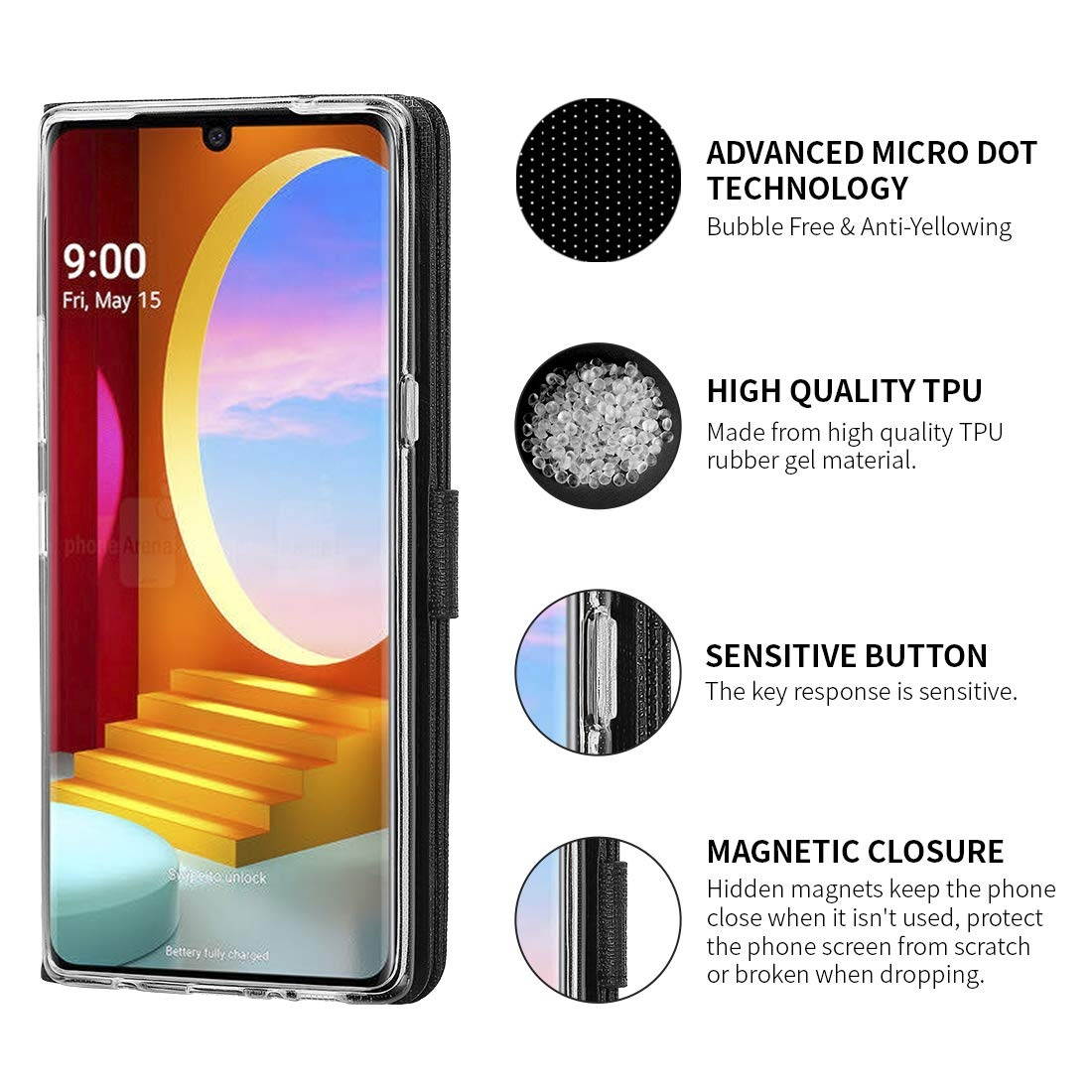 LG Velvet Wallet Case, LG Velvet Case with Kickstand, [TPU Inner Shell][ 3-Card Slots][Note Pockets] [Magnetic Suction] for LG Velvet (Black)