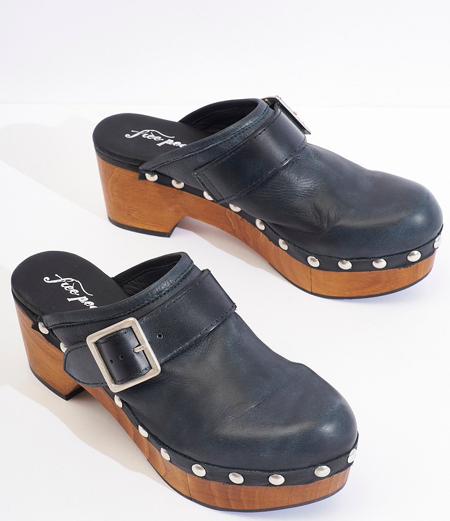 Free People Culver City Leather Studded Buckled Strap Clogs