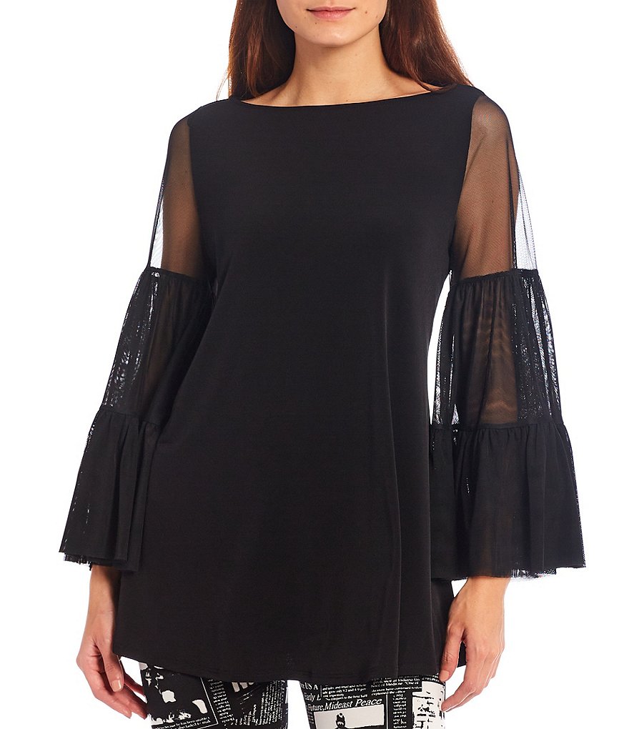 IC Collection Tiered Layer Mesh Bell Long Sleeve Boat Neck Knit Top