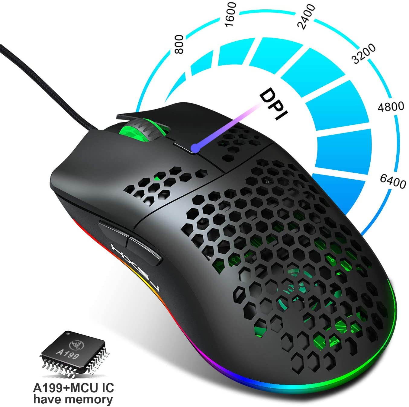 Attoe USB Gaming Mouse, Honeycomb Lightweight Gaming Mouse with Backlight, up to 6400 DPI, Wired PC Gaming Mouse for Mac Laptop Computer