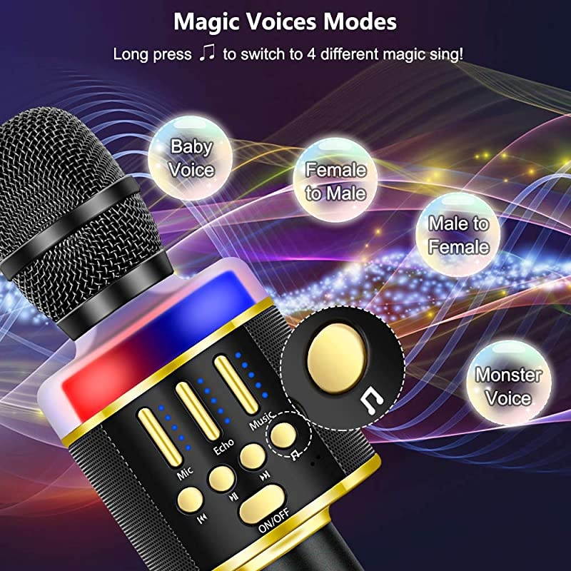 Karaoke Microphone for Kids & Adult, Handheld Wireless Bluetooth Karaoke Mic Speaker Music Player Recorder with LED Lights for Birthday Party, Wedding, Christmas