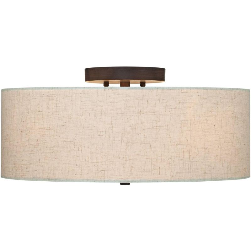Regency Hill Modern Ceiling Light Flush Mount Fixture Bronze 18" Wide Off White Oatmeal Fabric Drum Shade Bedroom Kitchen Hallway