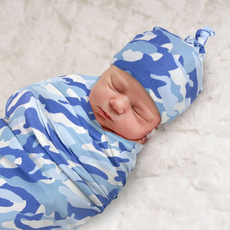 Baby Essentials Camo Print Swaddle Blanket and Knot Cap Set