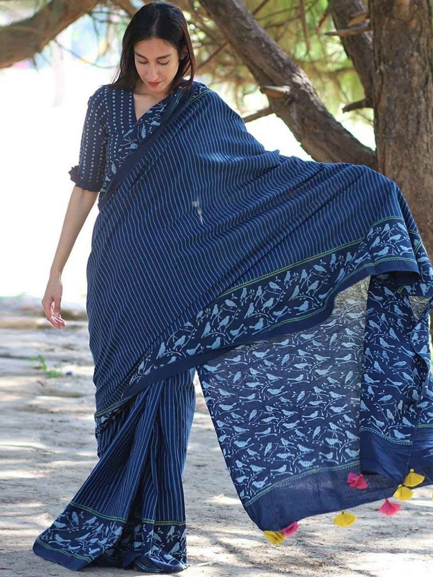 Chidiyaa Blue Block Printed Cotton Mul Saree