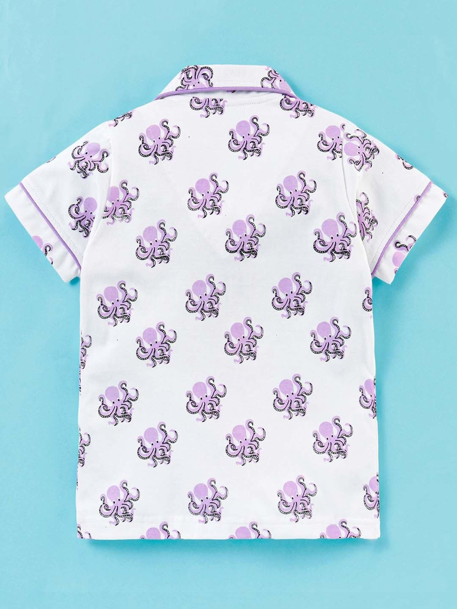 Nite Flite Boys White & Purple Cotton Printed Shirt Set