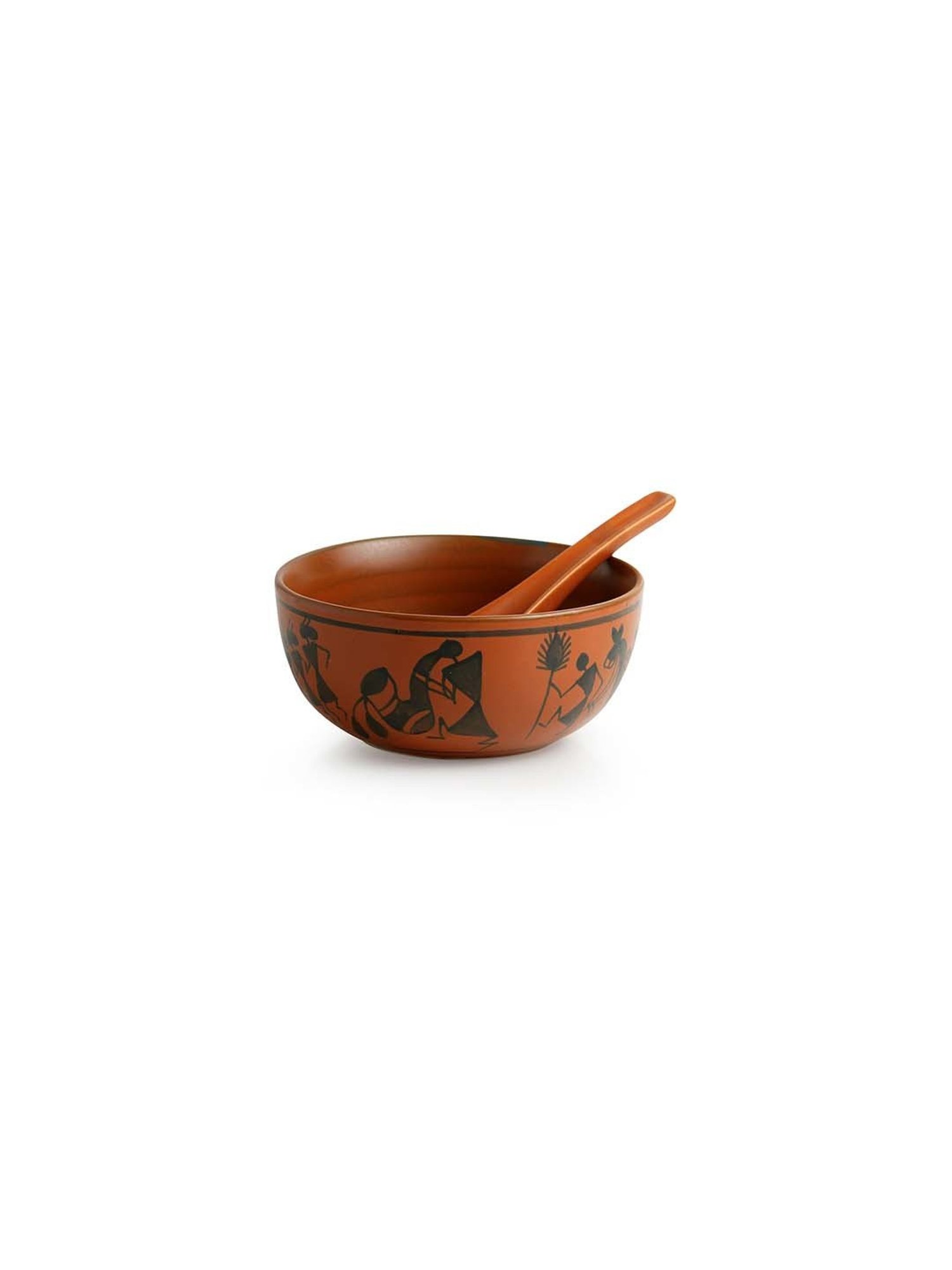 ExclusiveLane 'Bowl Dancing' Warli Hand-Painted Soup Bowls With Spoons In Ceramic (Set Of 2)
