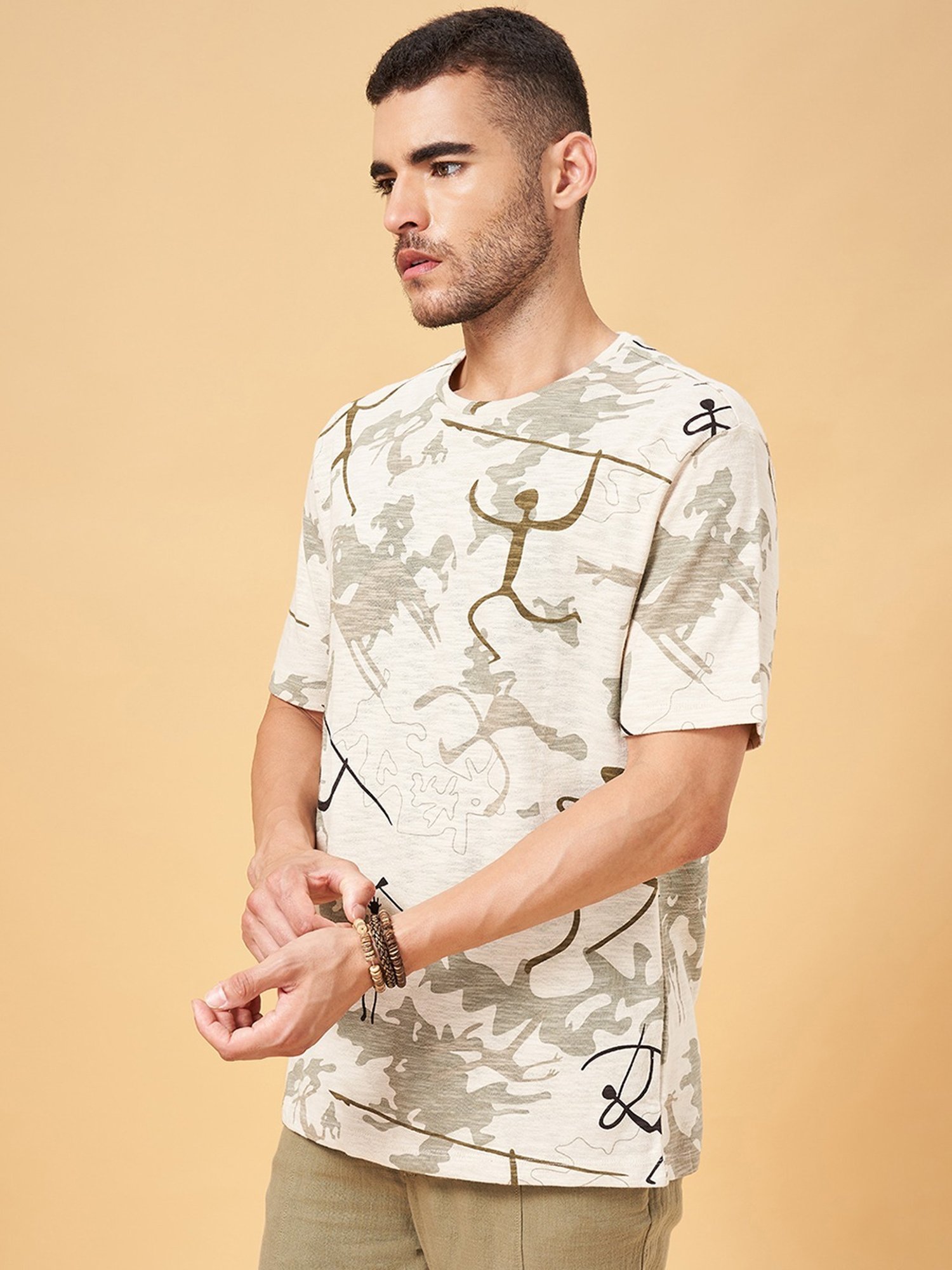 7 Alt by Pantaloons Beige Cotton Relaxed Fit Printed T-Shirt
