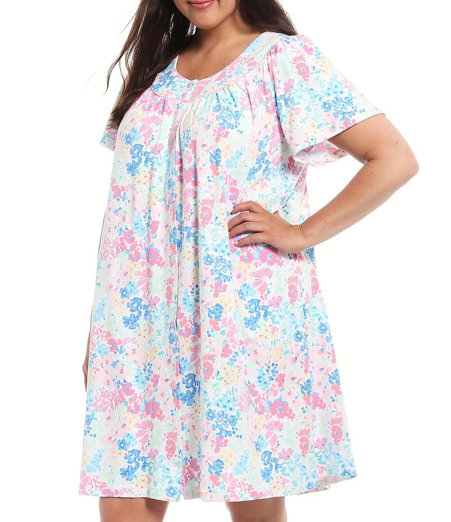 Miss Elaine Plus Floral Print Interlock Knit Grip-Front Short Robe