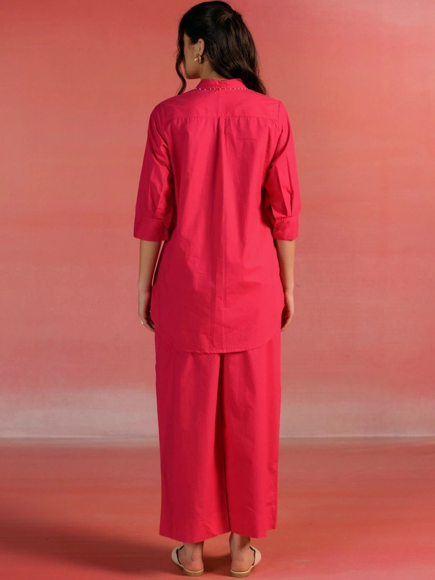 Kameez by Pooja Red Orange Embroidered Poplin Shirt with Pant Co-ord Set