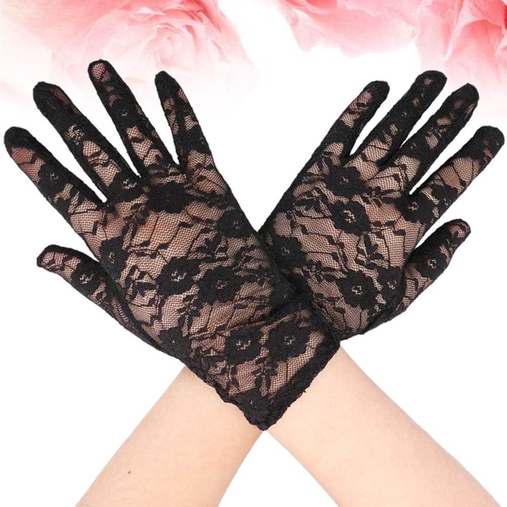 1 Pair of Summer Short Lace Gloves UV Protection Full Finger Gloves Outdoor Driving Gloves Prom Party Driving Wedding Gloves  (Black)