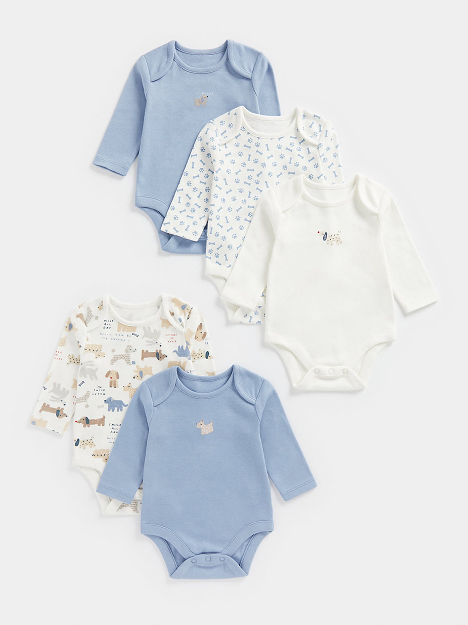 Mothercare Kids White & Blue Printed Full Sleeves Bodysuit (Pack Of 5)