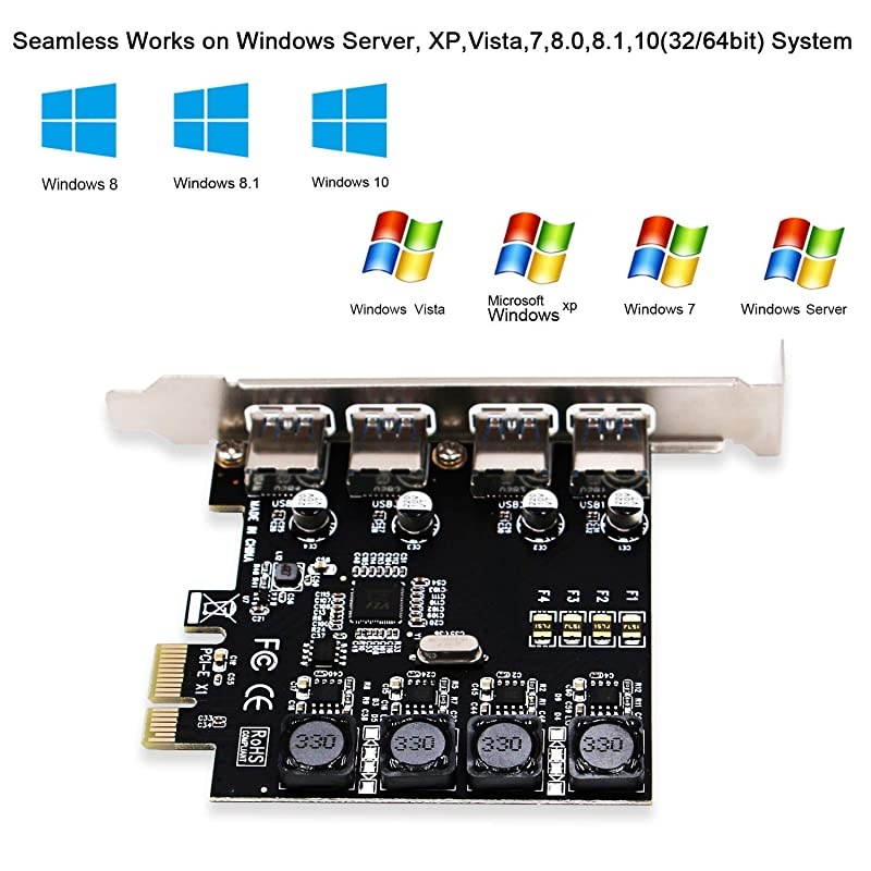 PCIe 4 Ports Superspeed USB 3.0 Card Adapter for Windows Server,XP,Vista,7,8.0,8.1,10(32/64bit) PCs-Biuld in Smart Power Control Technology-No Aditional Power Supply Needed(PCE-U304A)