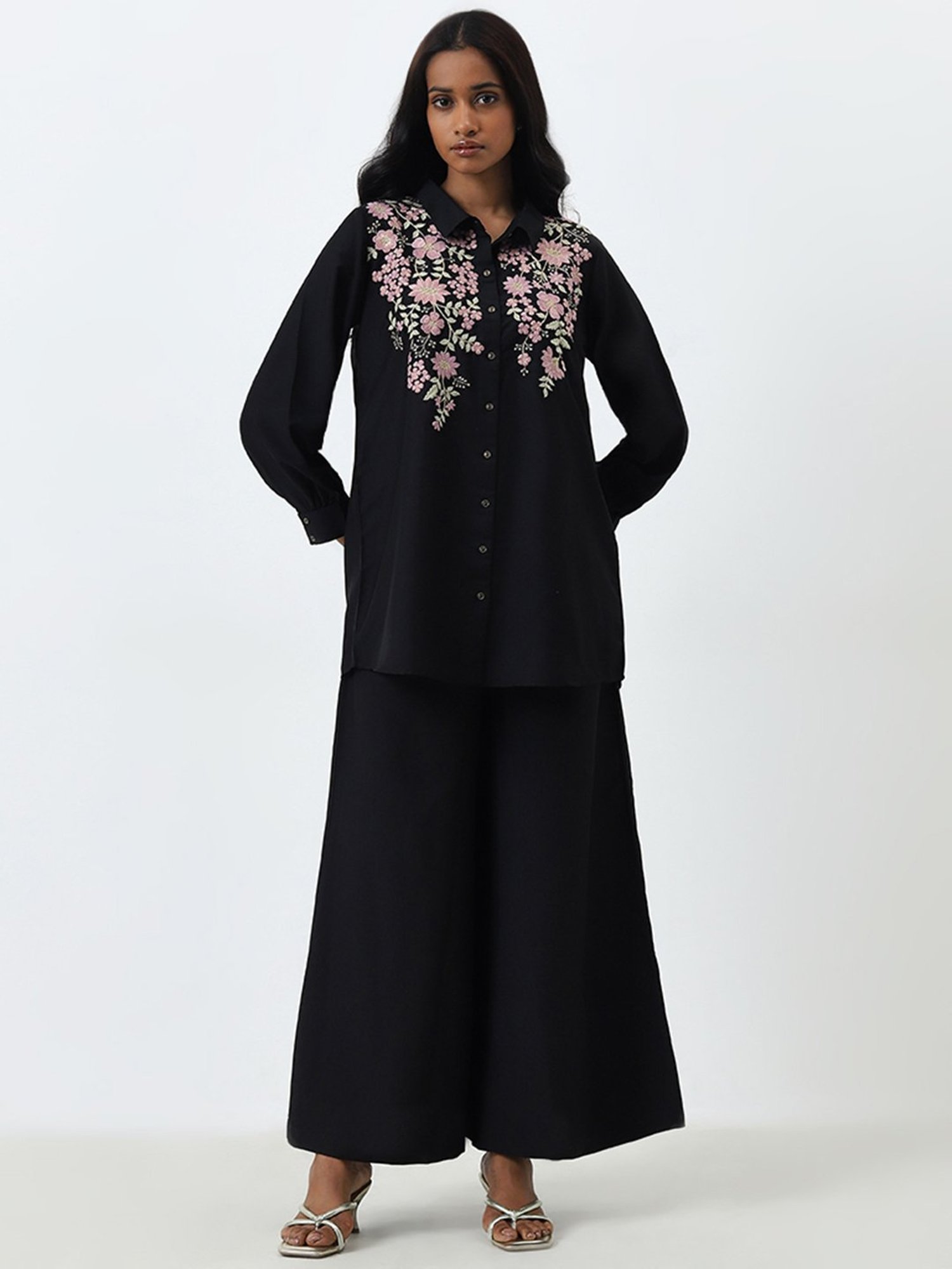 Vark by Westside Black Floral Embroidered Tunic and Palazzos Set